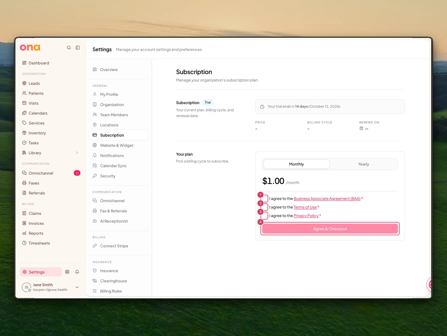 The Subscription settings page shows the current trial, plan choices, required agreement checkboxes, and the disabled Agree & Checkout button.