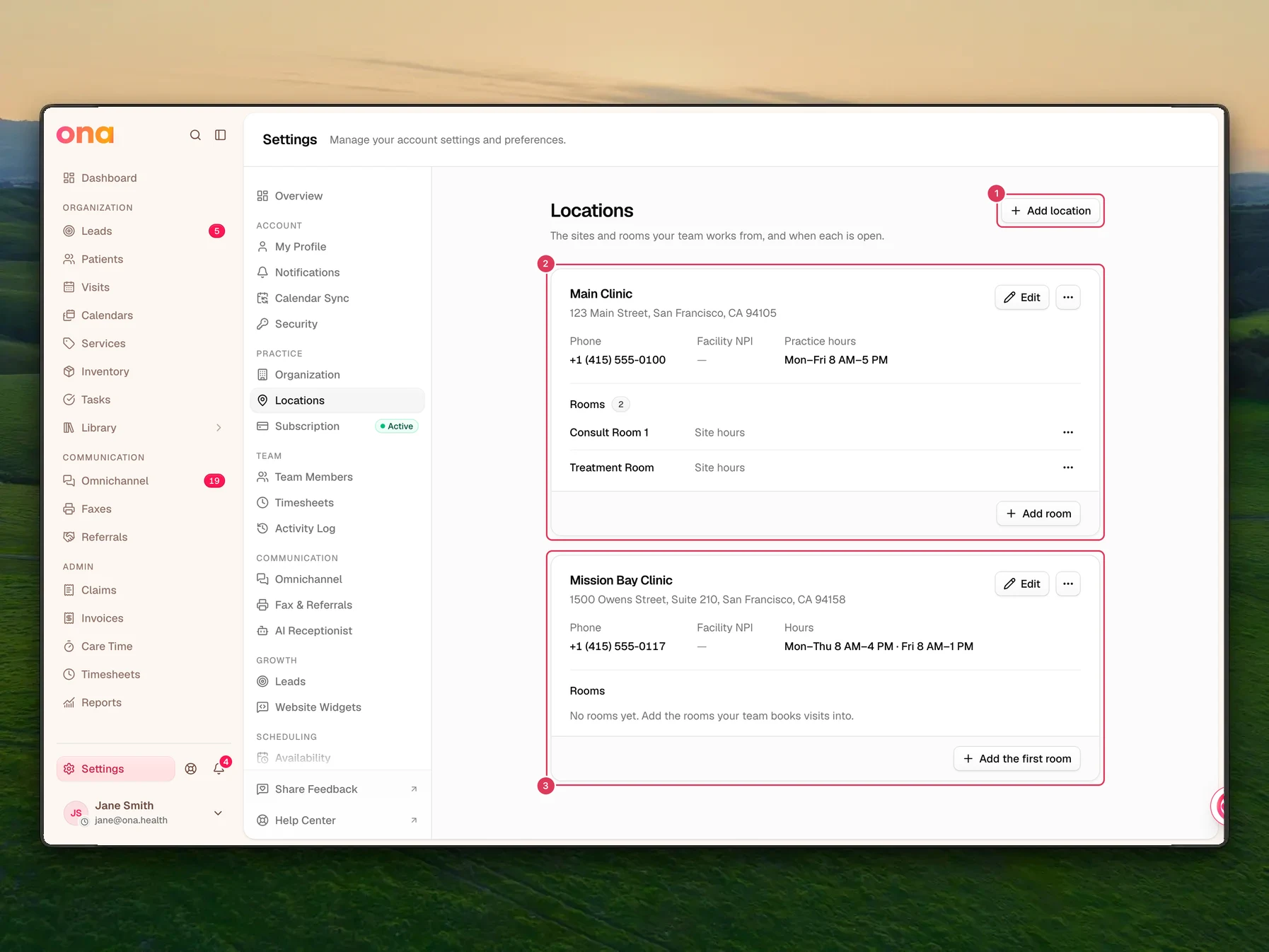 The Locations settings page is open with an Add location button at the top and two site cards, Main Clinic and Mission Bay Clinic, in the main panel.