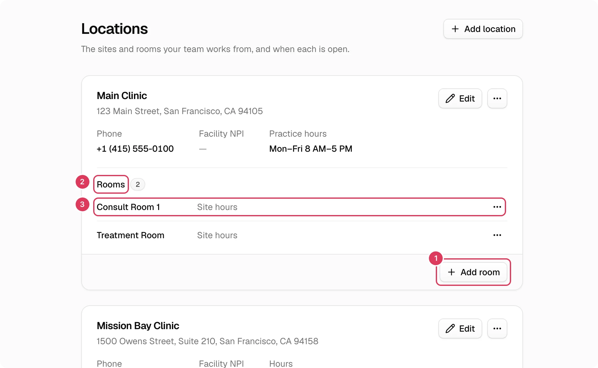 The Main Clinic location card is open, showing a Rooms section with Consult Room 1 and Treatment Room listed, and an Add room button in the card footer.