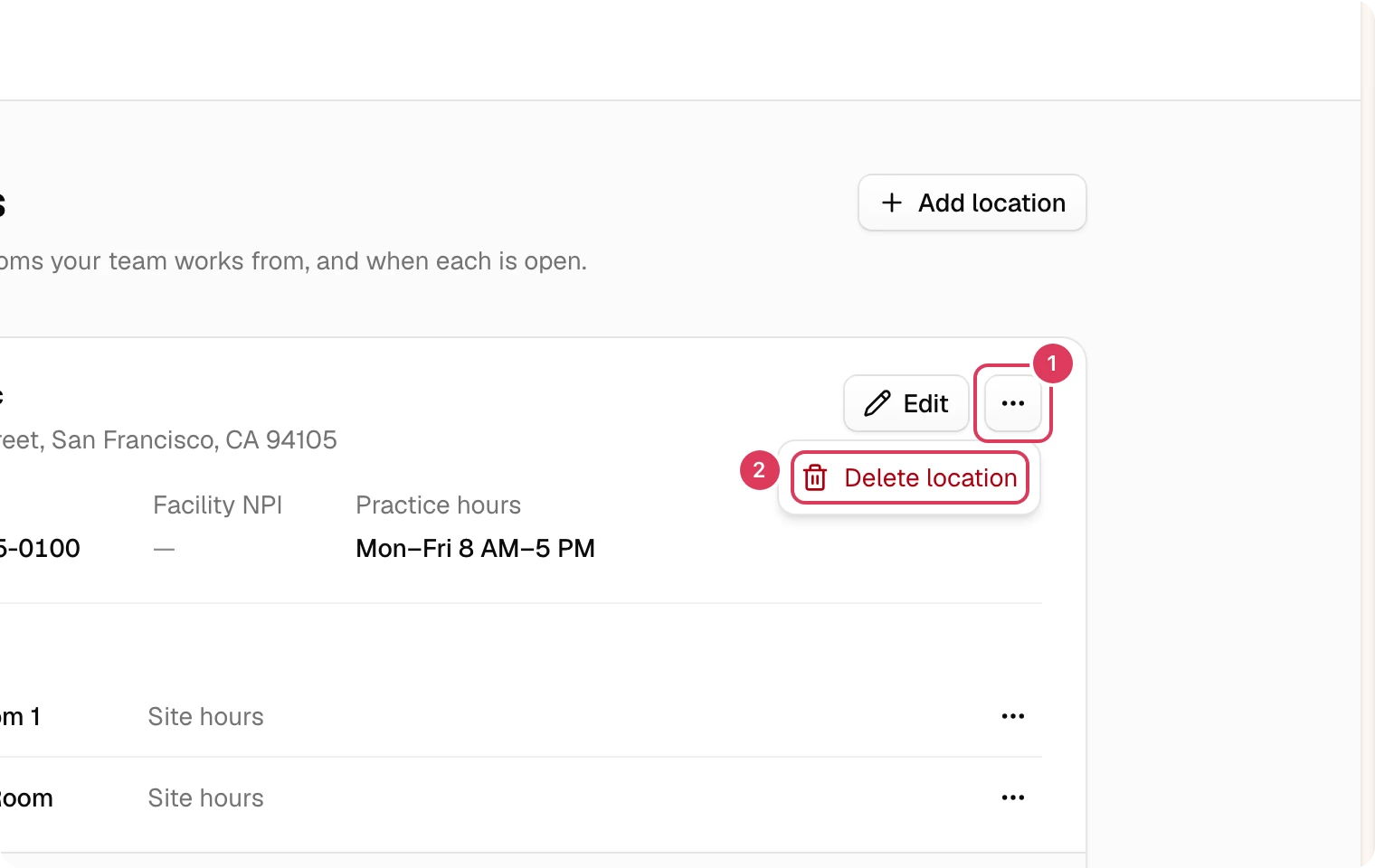 A location actions menu is open for Main Clinic, with the More button and the Delete location menu item visible.