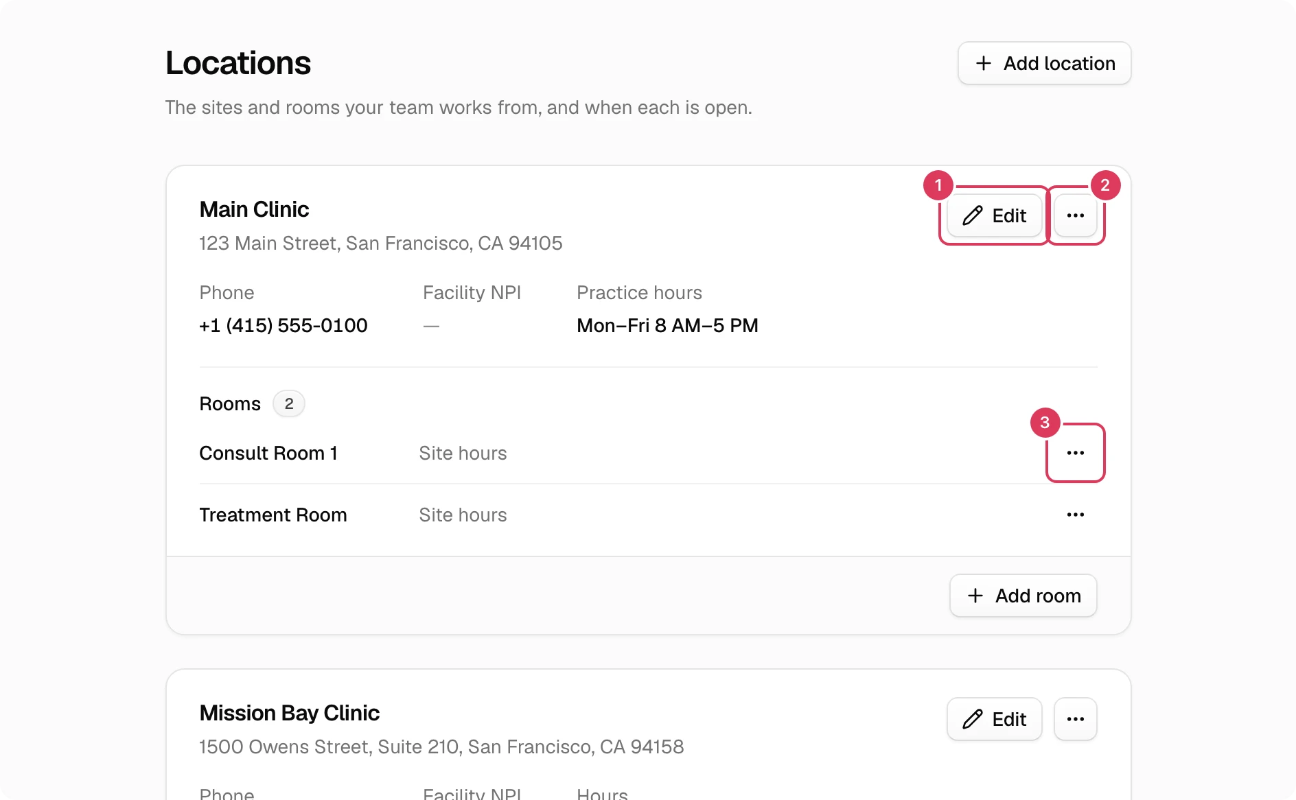 The Main Clinic location card is open in Settings → Locations, with an Edit button for the site, a More menu for the site, and a More menu for Consult Room 1.