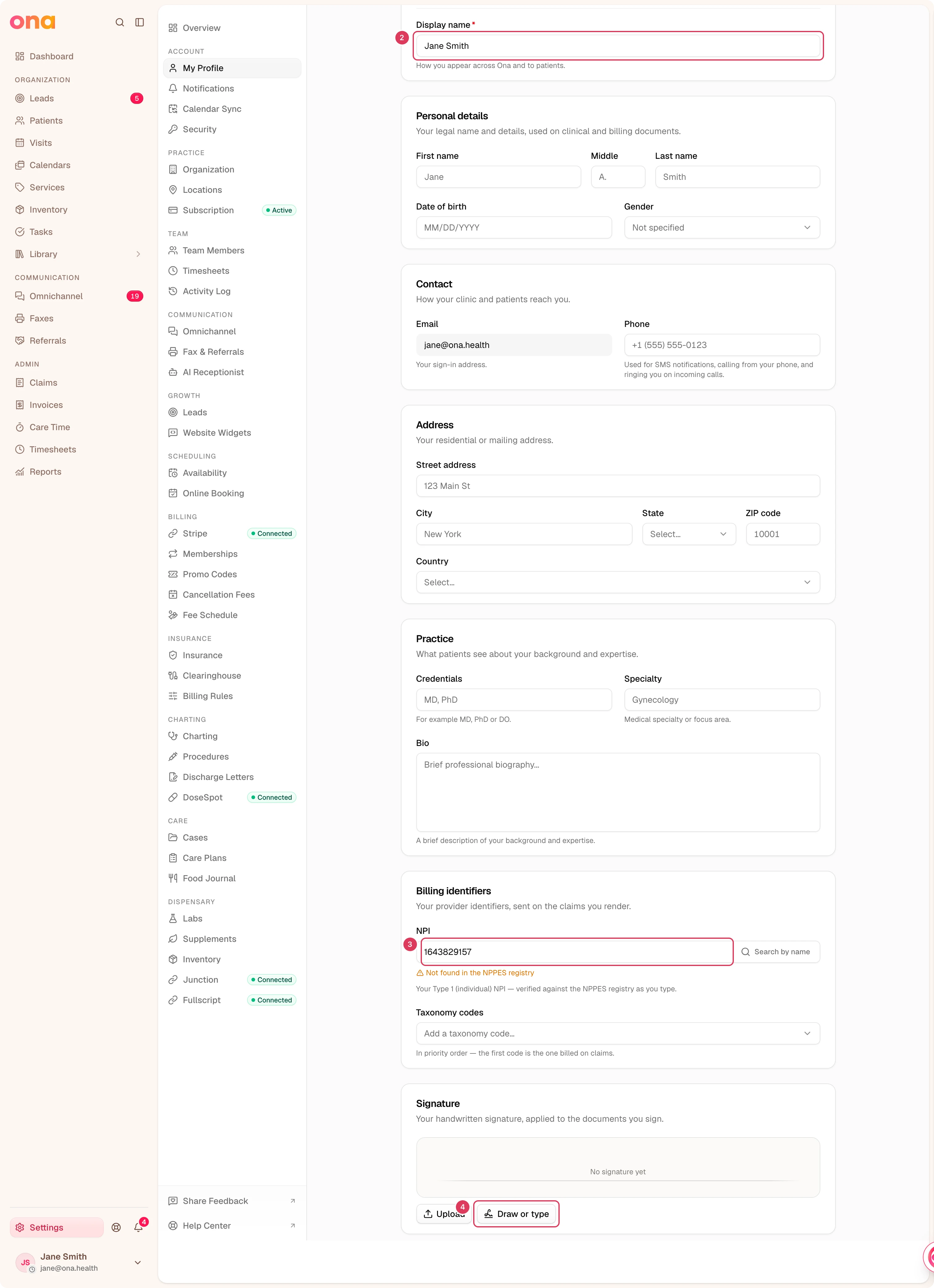 The My Profile settings page is open, showing the profile editing form with display name, personal details, billing identifiers, and signature controls in the main panel.