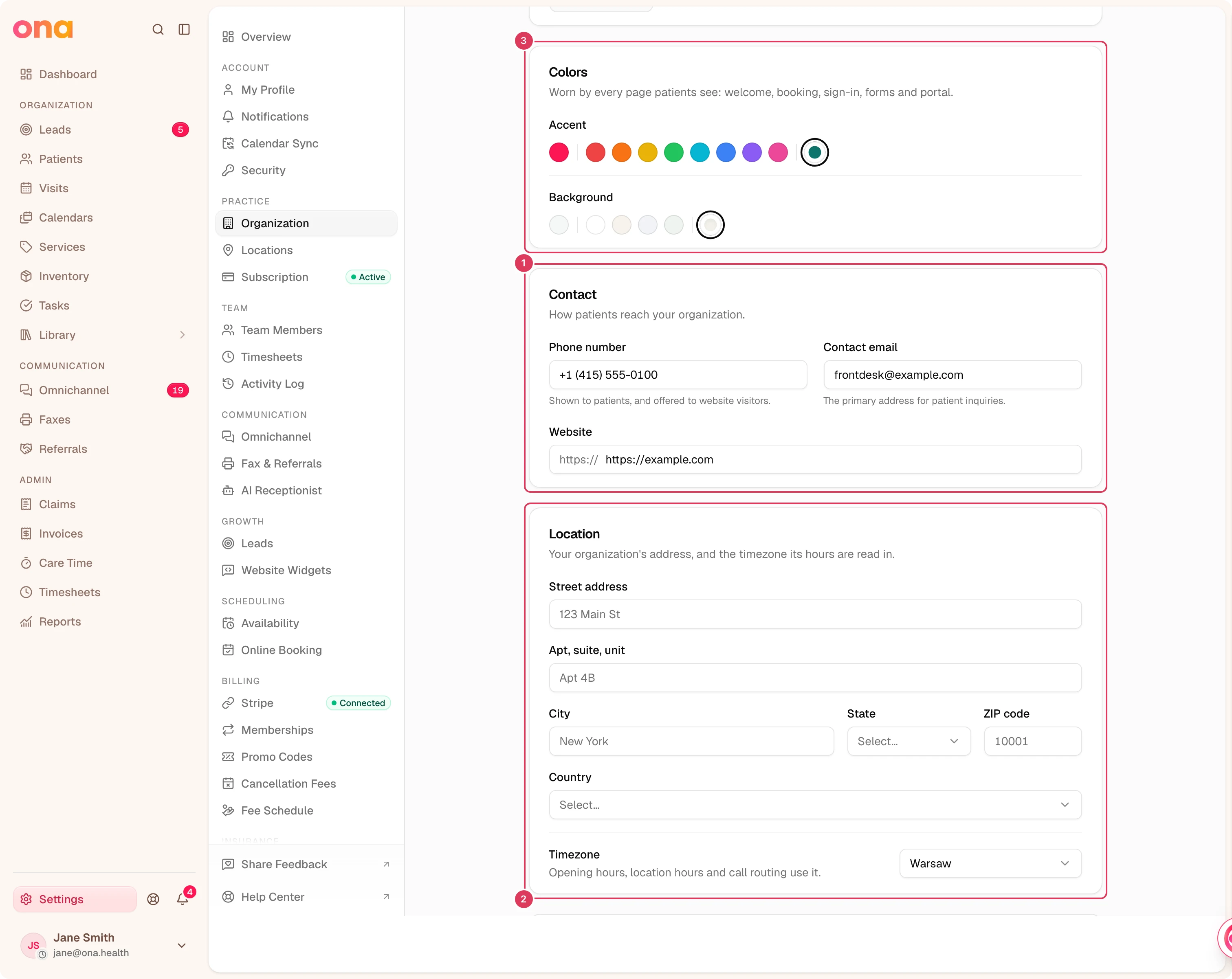 The Organization settings page is open with the Brand colors, Contact, and Location sections visible in the main panel for editing practice-wide details.