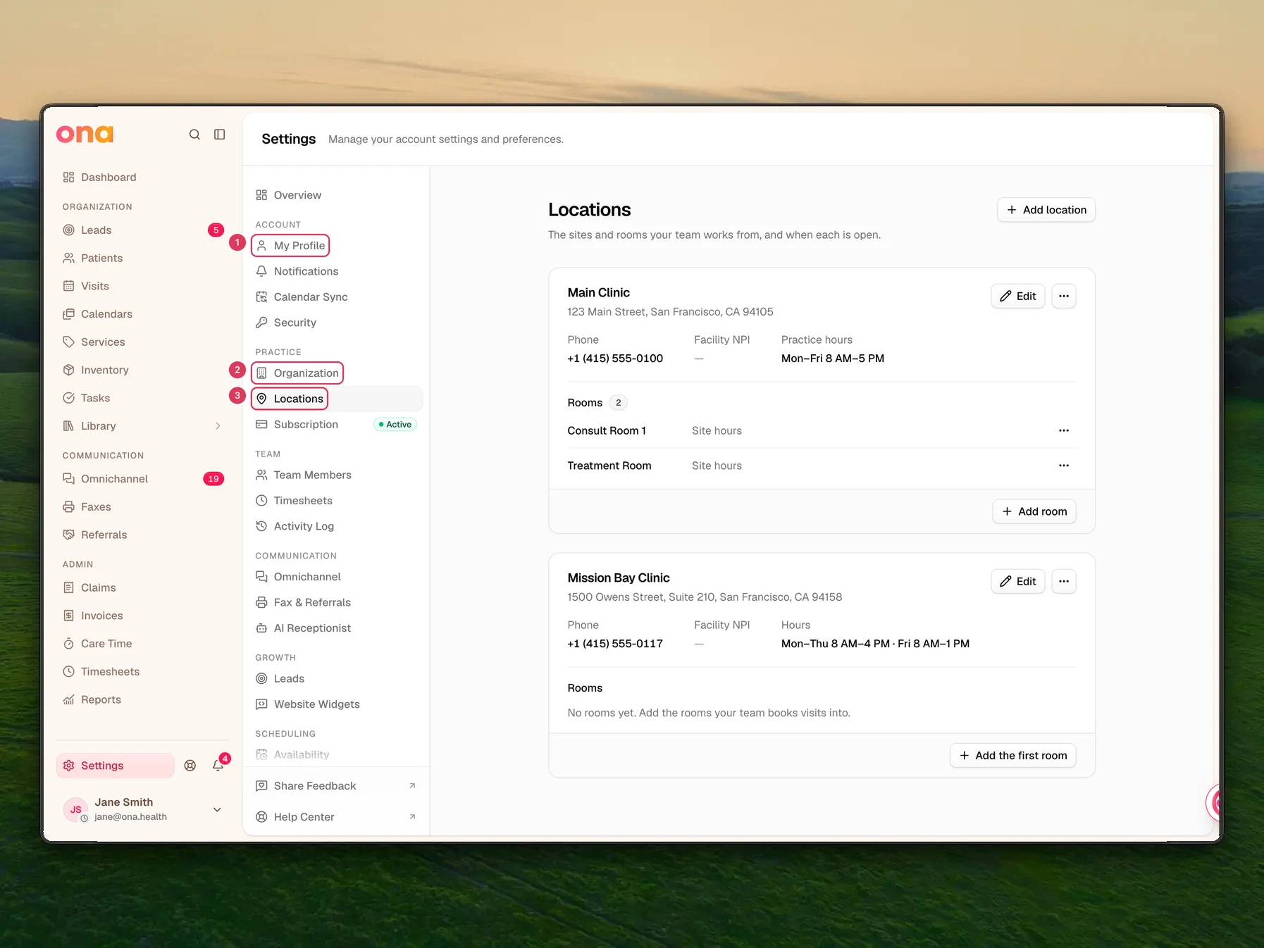 The Settings page is open with the left settings navigation showing My Profile, Organization, and Locations under the Account and Practice groups.