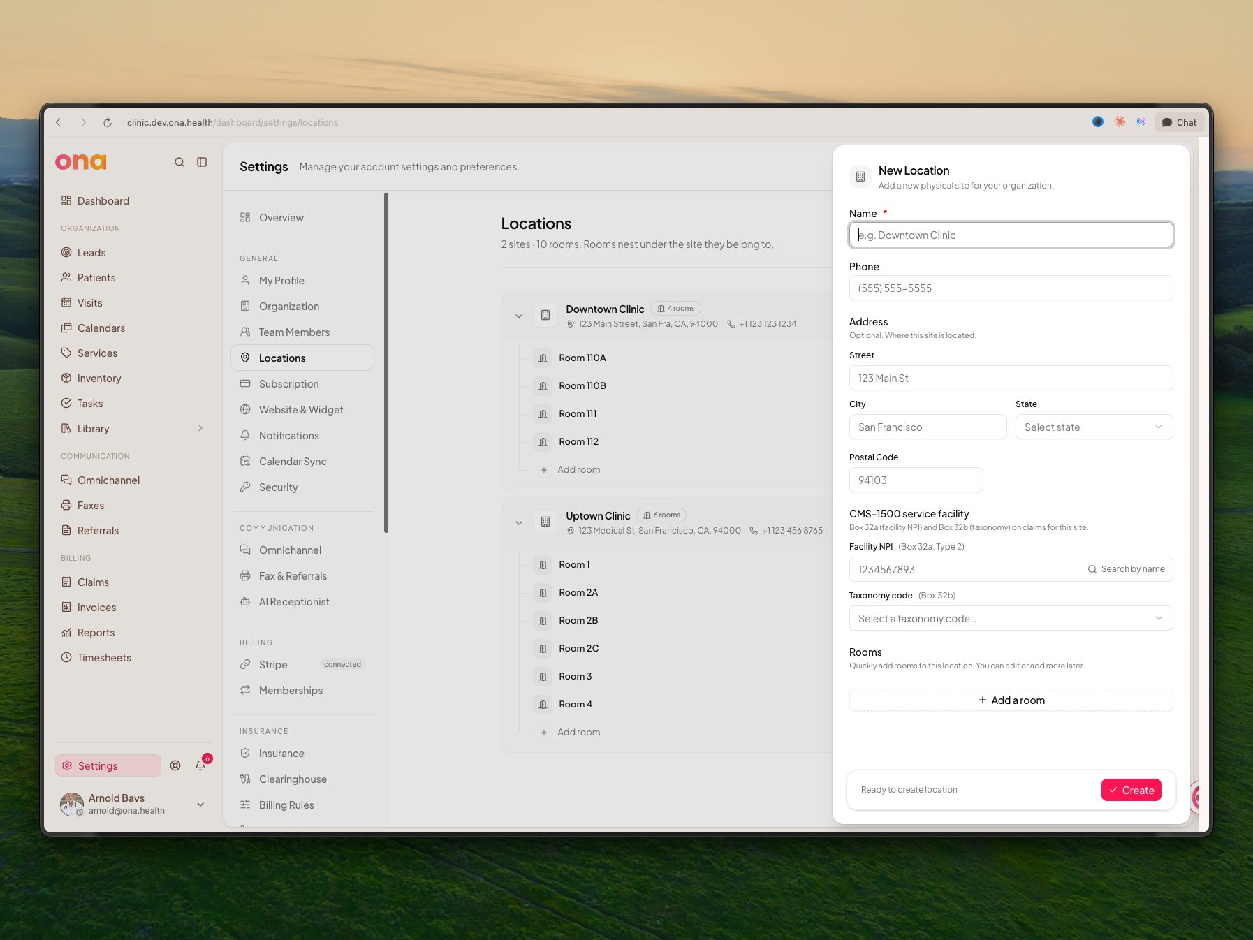 The New Location panel shows fields for name, phone, address, CMS-1500 service facility identifiers and rooms.