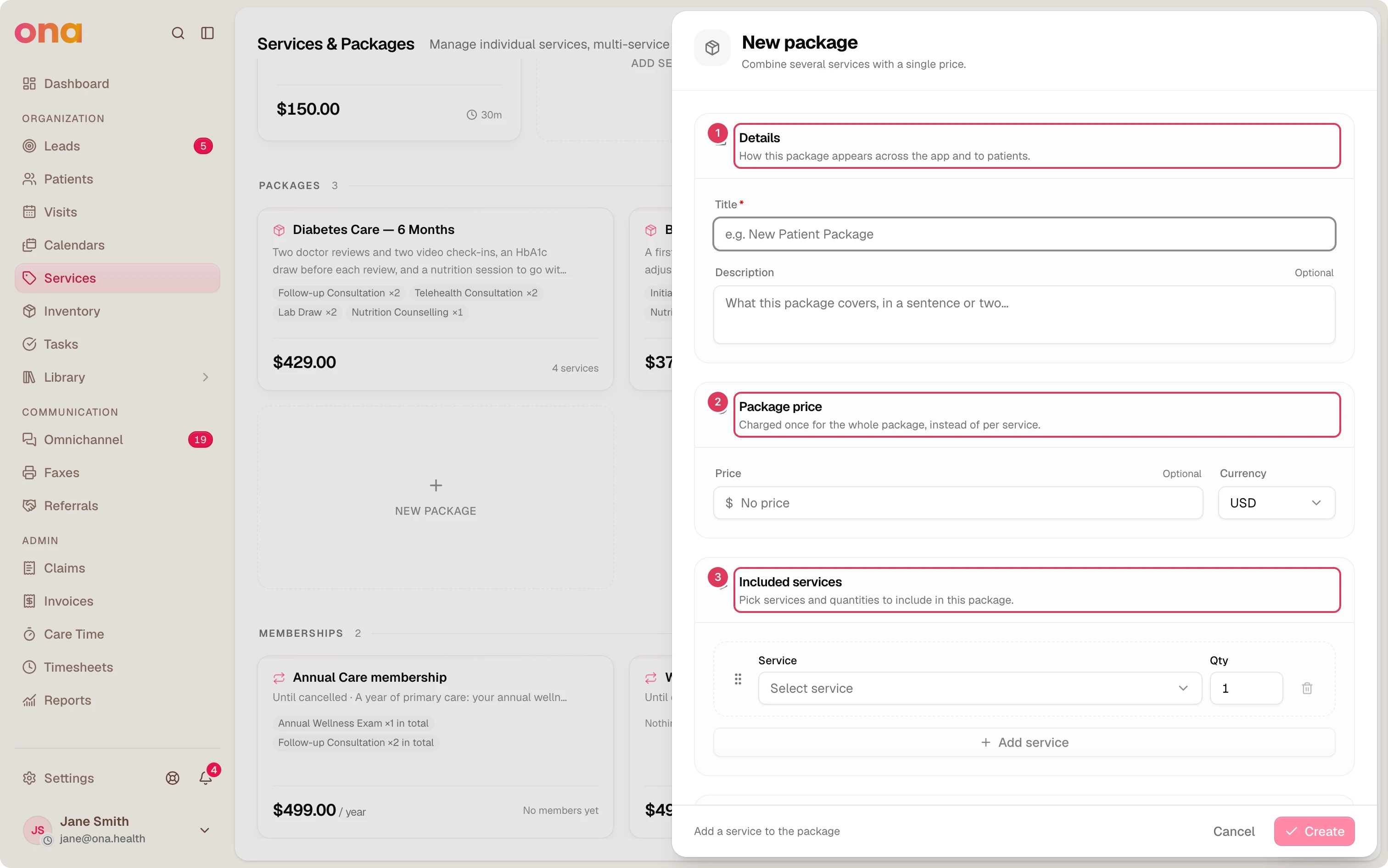 The New Package sheet is open with the Details, Package price, and Included services sections visible for building a package.