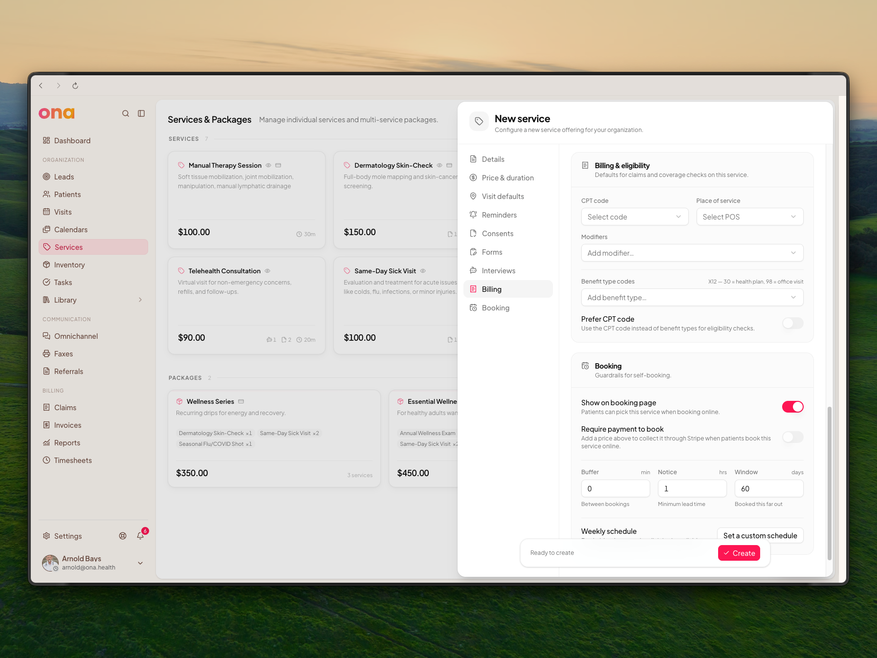 The Edit Service dialog is open on the Booking page section, showing the switches for showing the service on the public booking page and requiring payment to book.