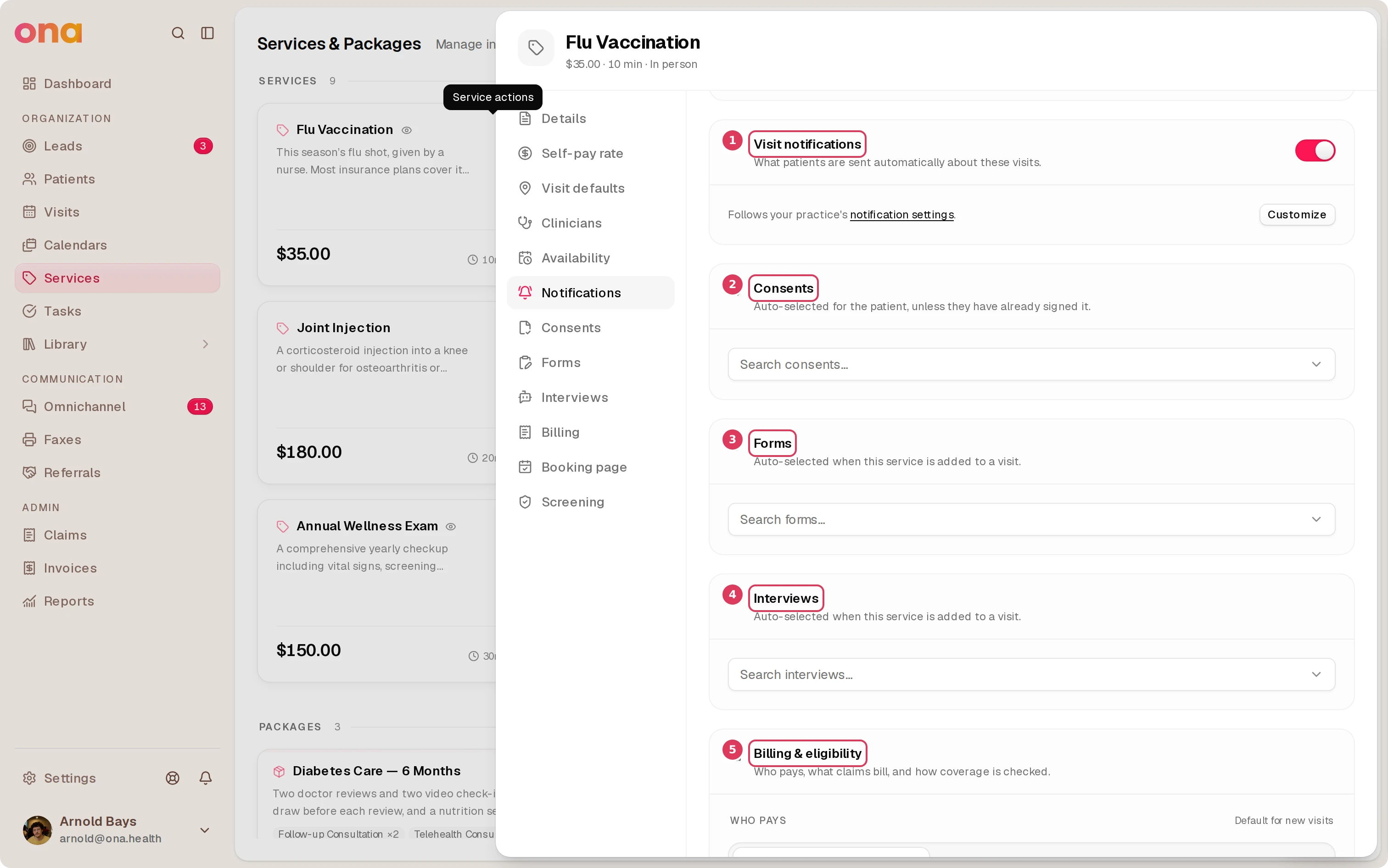 The Edit Service sheet is open with the Visit notifications, Consents, Forms, Interviews, and Billing & eligibility sections visible in the scrolling panel, and the intake rows expanded.