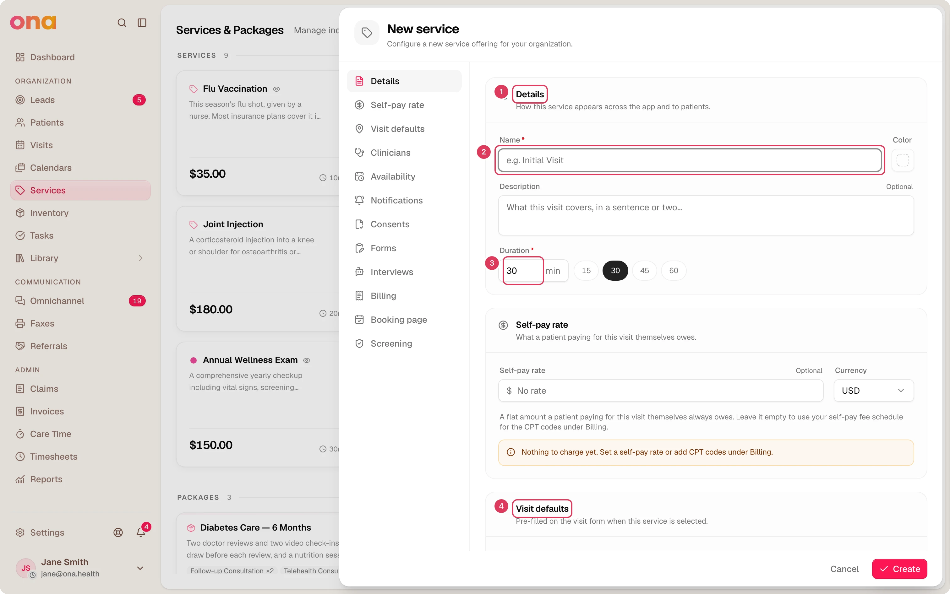 The Create Service dialog is open on the New service form, with the Details, Self-pay rate, and Visit defaults sections visible, and the Name field and duration control outlined.
