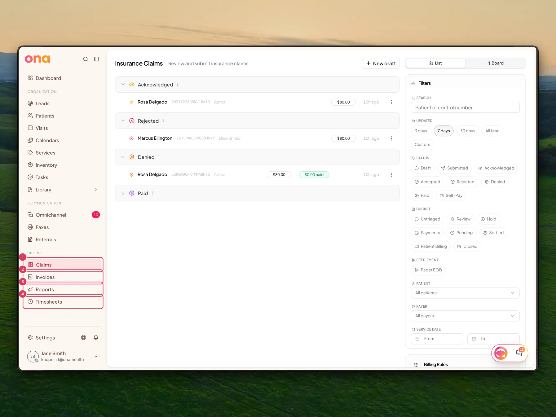 The dashboard sidebar shows the Billing area with role-gated operational items such as Claims, Invoices, Reports, and Timesheets.