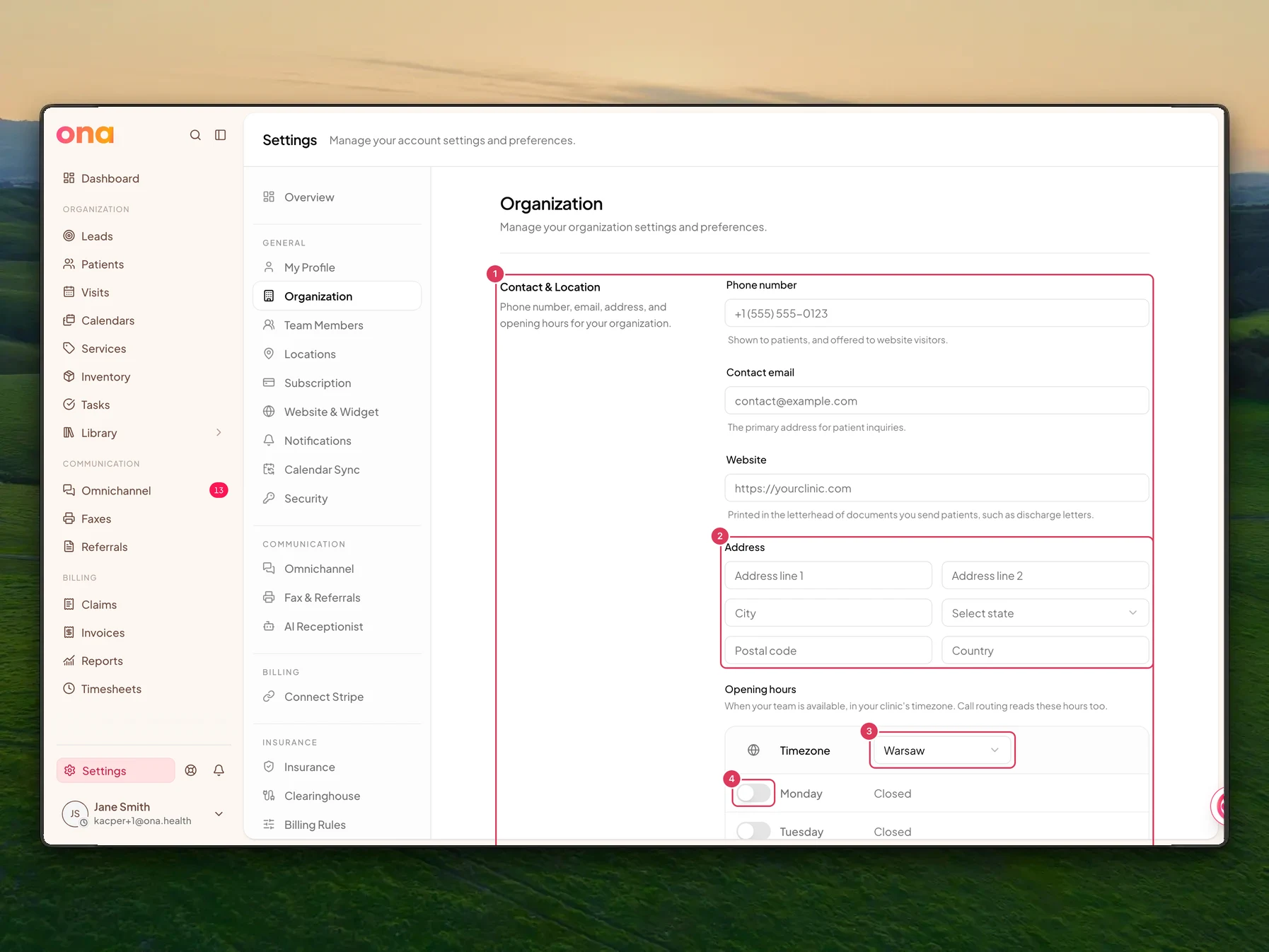 The Organization settings page is open at the top of Contact & Location, with the phone, contact email, website, address, timezone, and weekday opening-hours controls visible and highlighted.