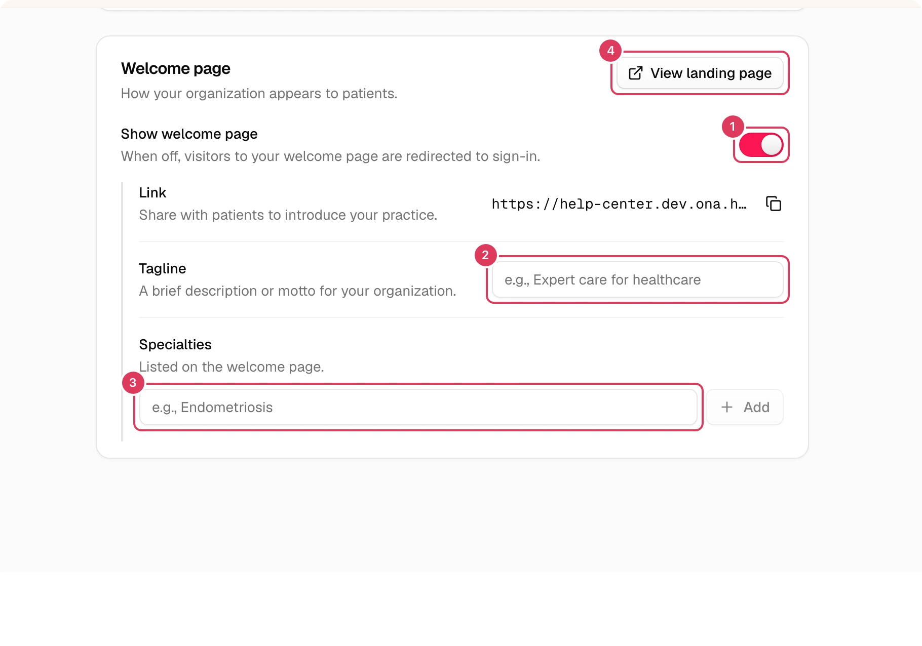 The Organization settings page is open to the Welcome page section, showing the Show welcome page switch, the Tagline textbox, the Specialties textbox with an Add button, and a View landing page link.