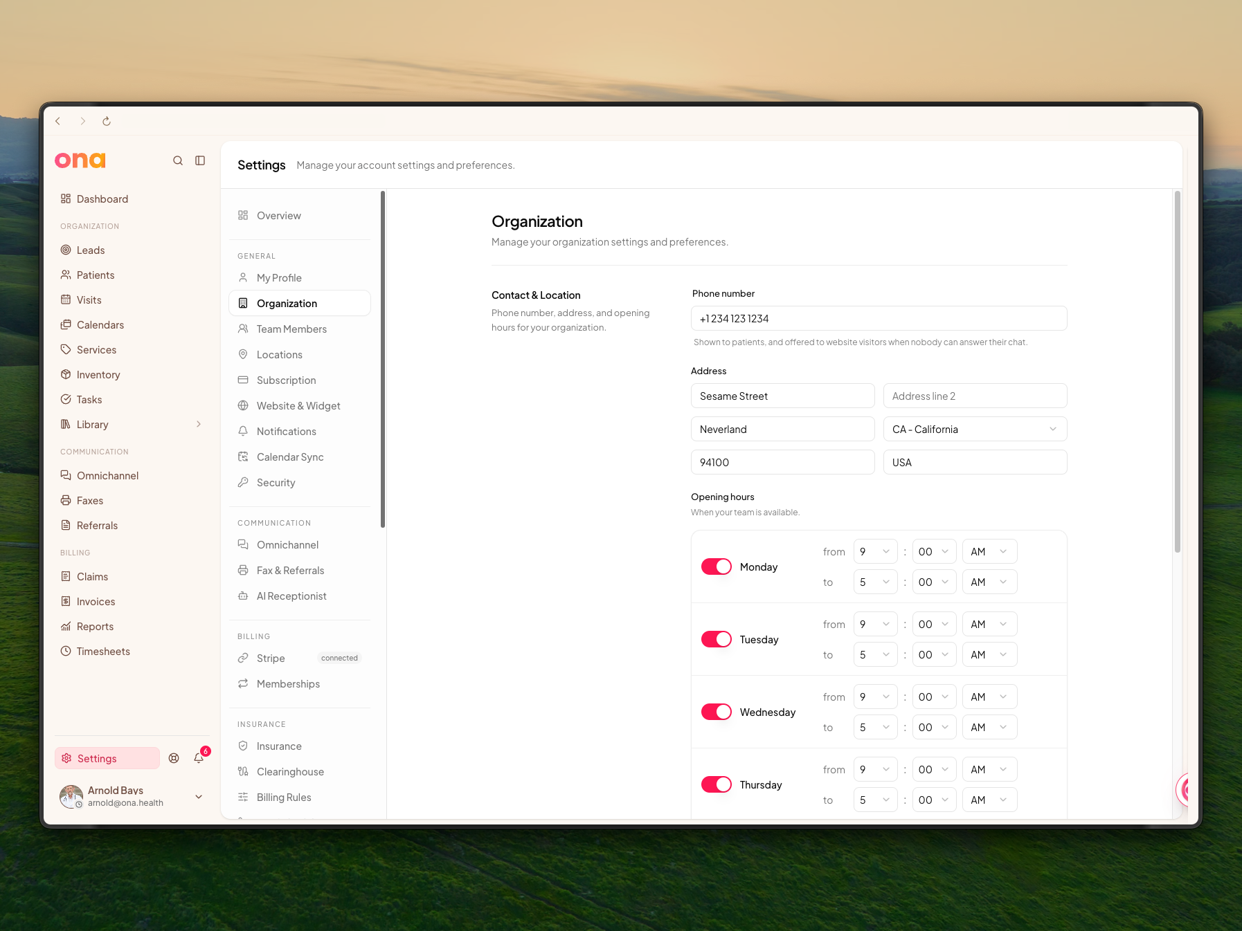 The Organization settings page shows contact and location fields, opening hours, timezone and patient visibility options.