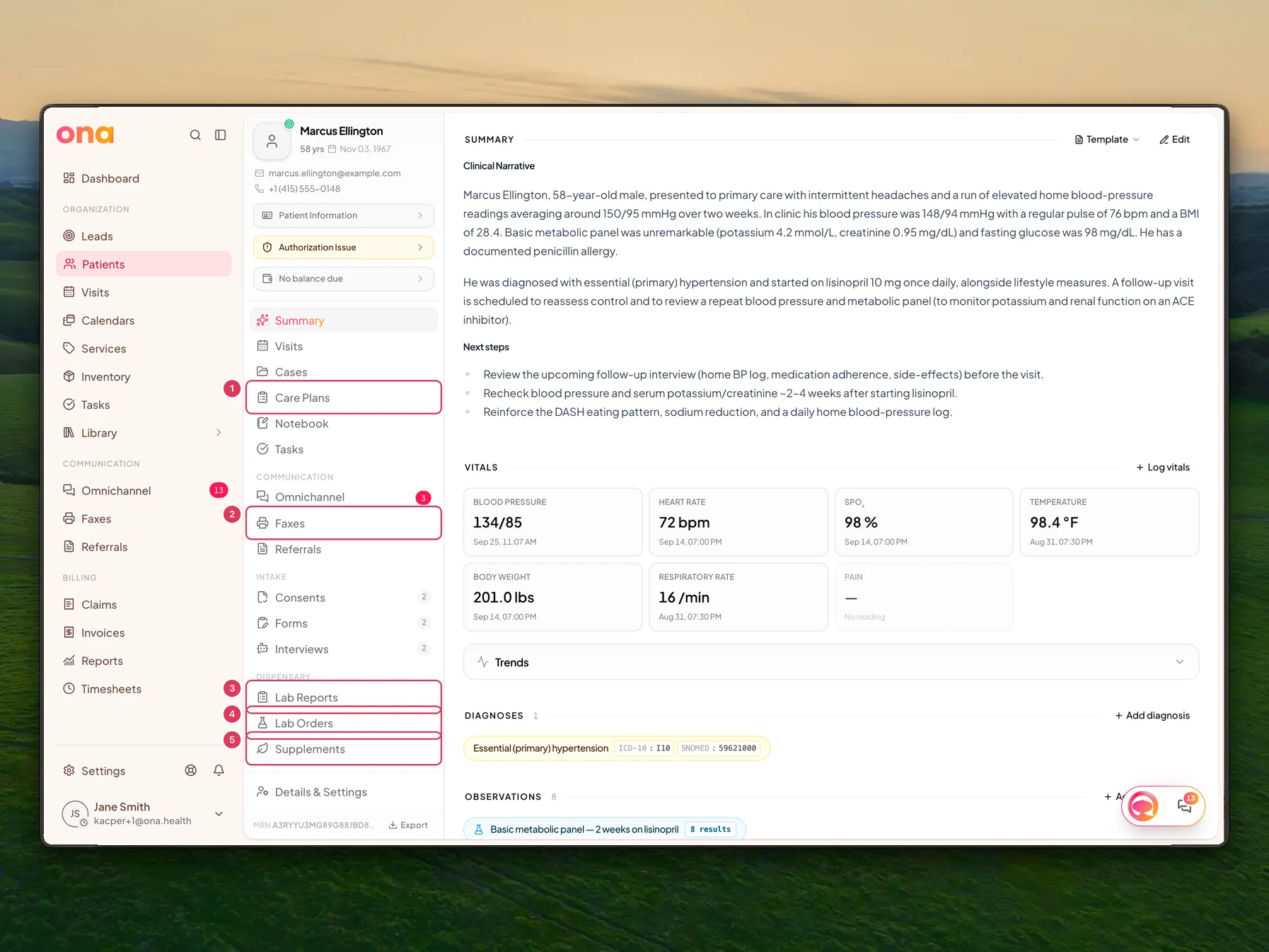 Marcus Ellington's patient chart is open with feature-controlled chart sections in the patient navigation, including Care Plans, Faxes, Lab Reports, Lab Orders, and Supplements.