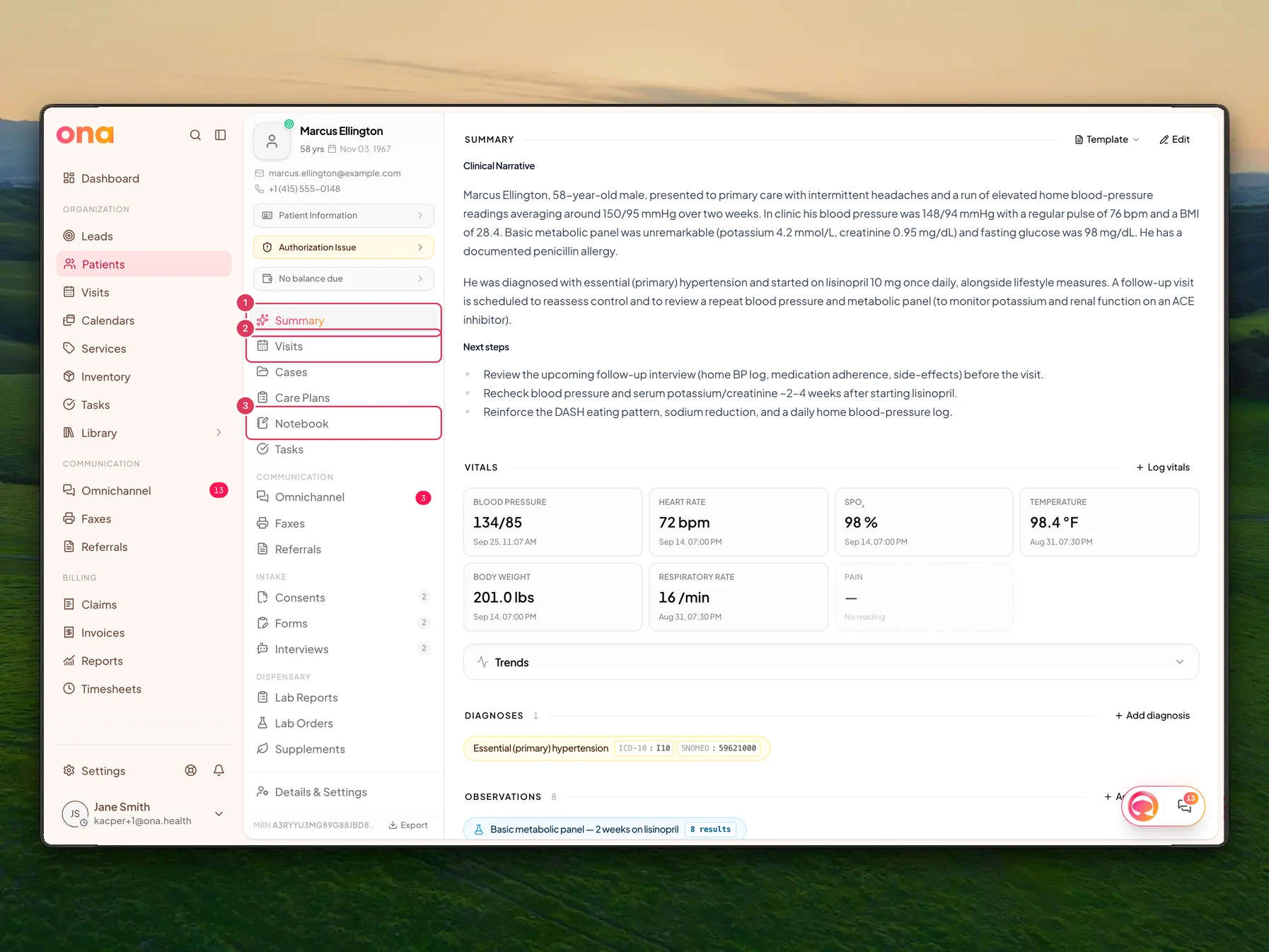 Marcus Ellington's patient chart is open with the patient section navigation visible and the Summary, Visits, and Notebook chart sections highlighted as standard navigation items.