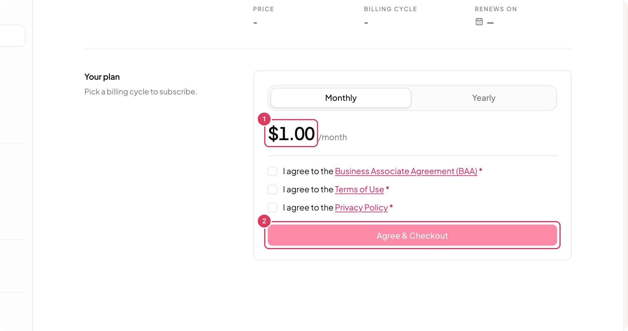 The Subscription settings page shows the Your plan section with monthly pricing, agreement checkboxes, and a disabled Agree & Checkout button.