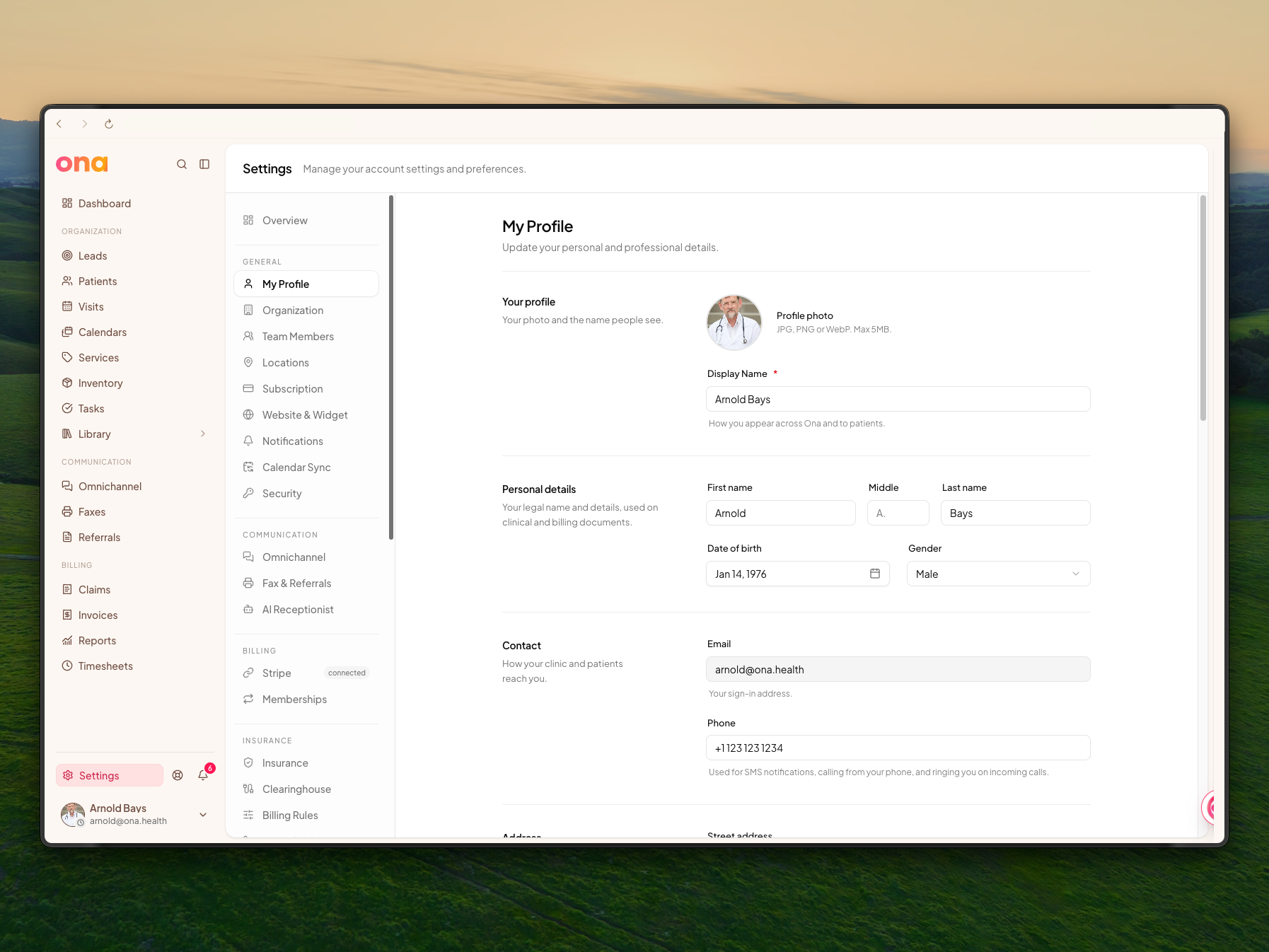 The My Profile page shows profile photo, display name, personal details, contact, practice, billing identifiers, signature and member card sections.