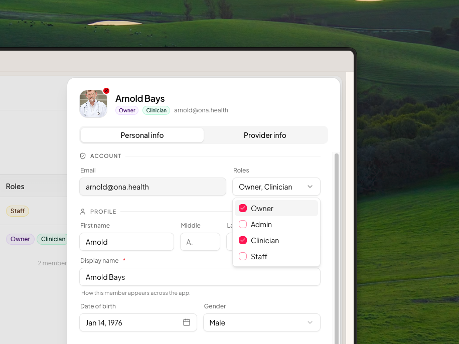 The Roles list shows Owner, Admin, Clinician and Staff options, with some roles selected.