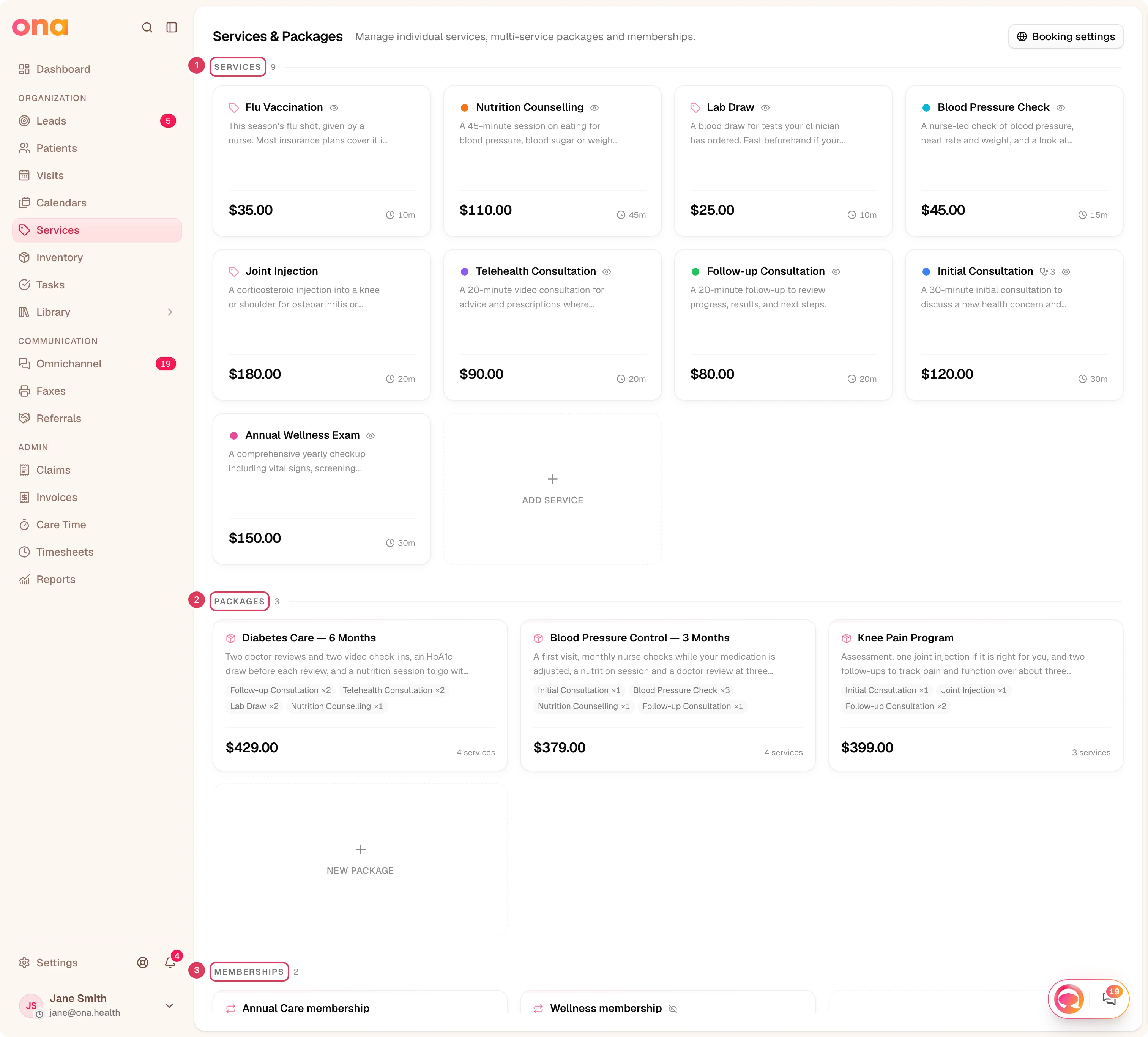 The Services & Packages page is open, with the Services, Packages, and Memberships sections stacked in the main panel and the Services item highlighted in the left sidebar.