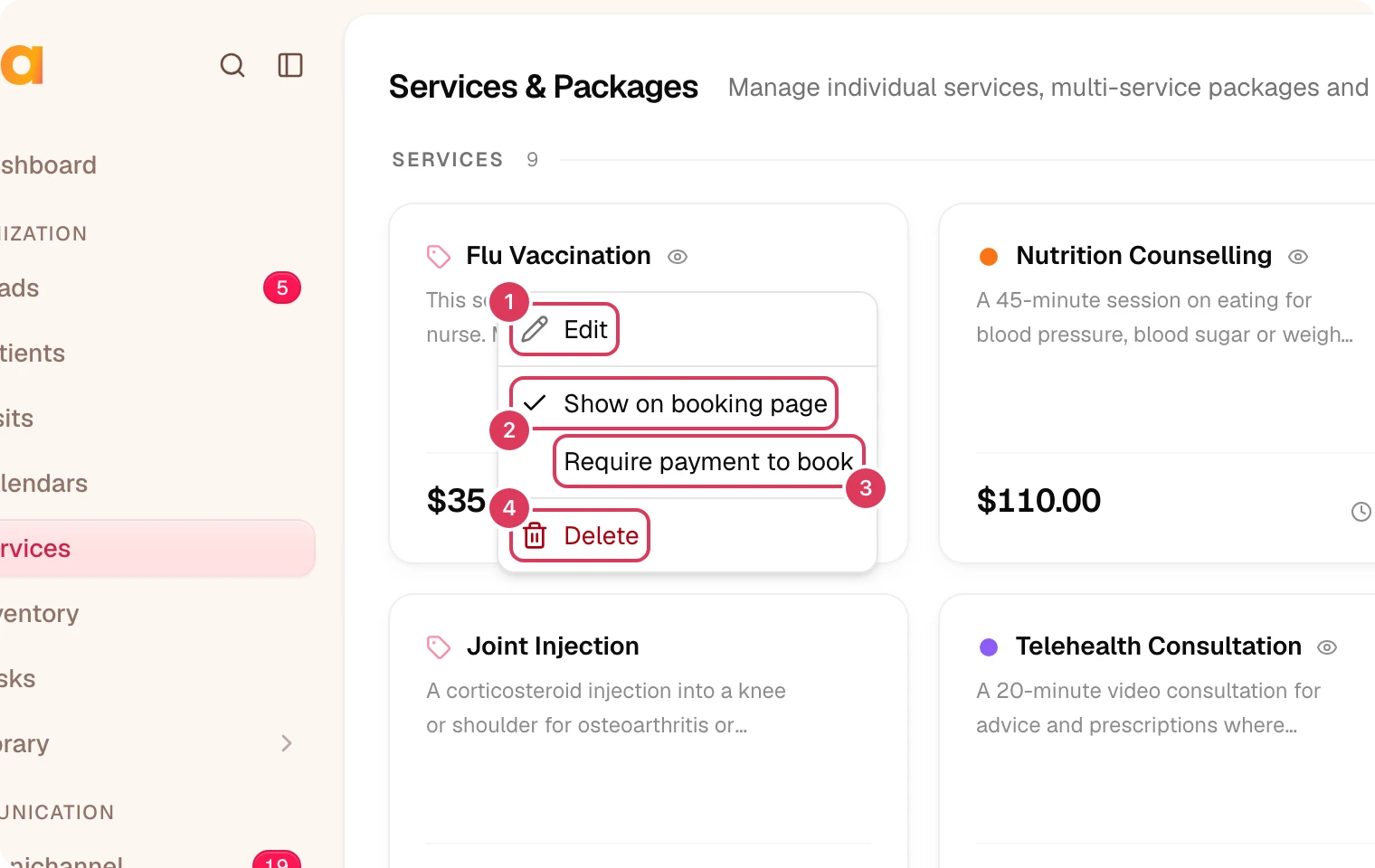 The service card overflow menu is open, showing Edit, Show on booking page, Require payment to book, and Delete actions for the selected service.