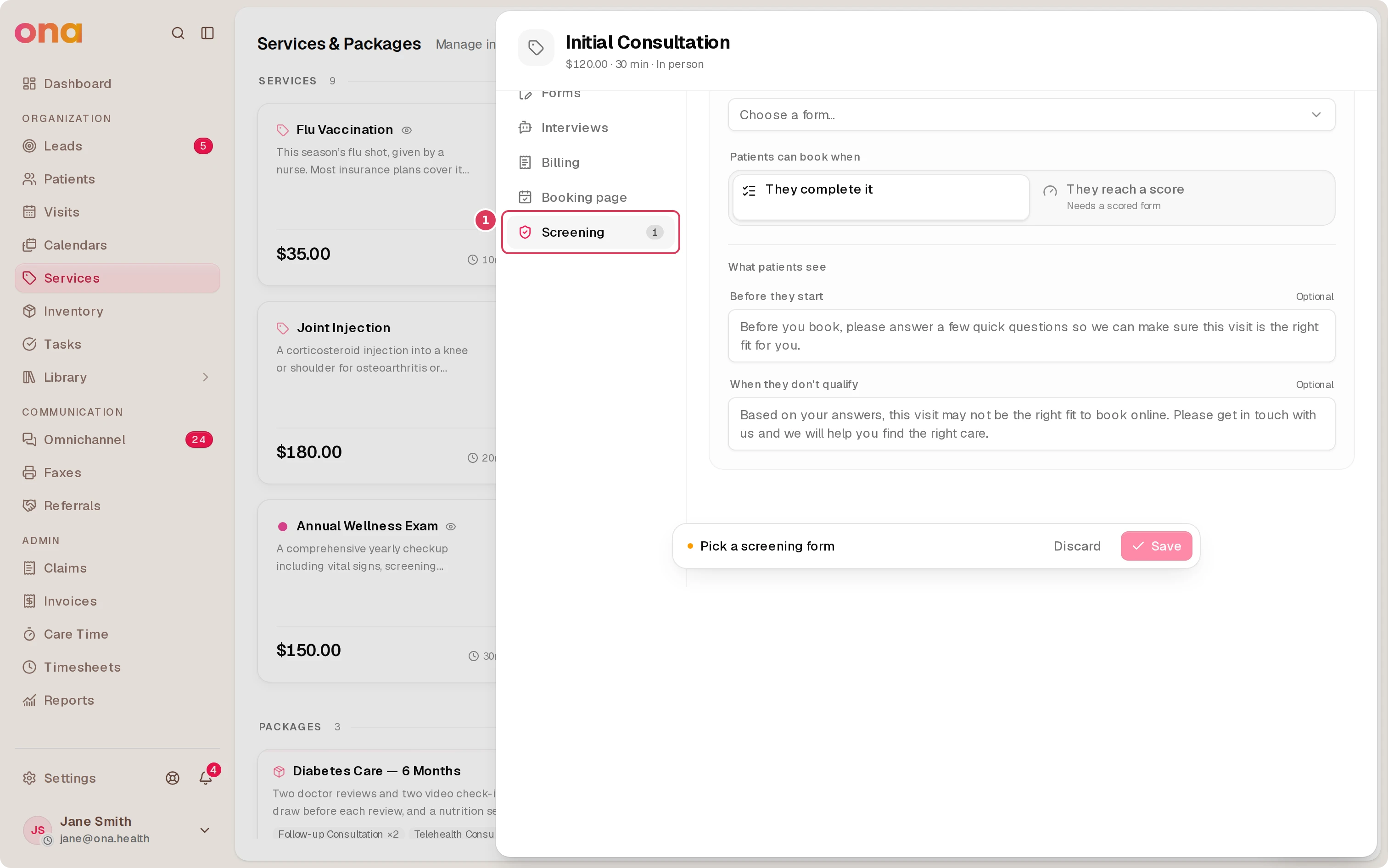 The Edit Service dialog is open on the Screening section for Initial Consultation, with the screening toggle enabled and the screening settings panel visible.