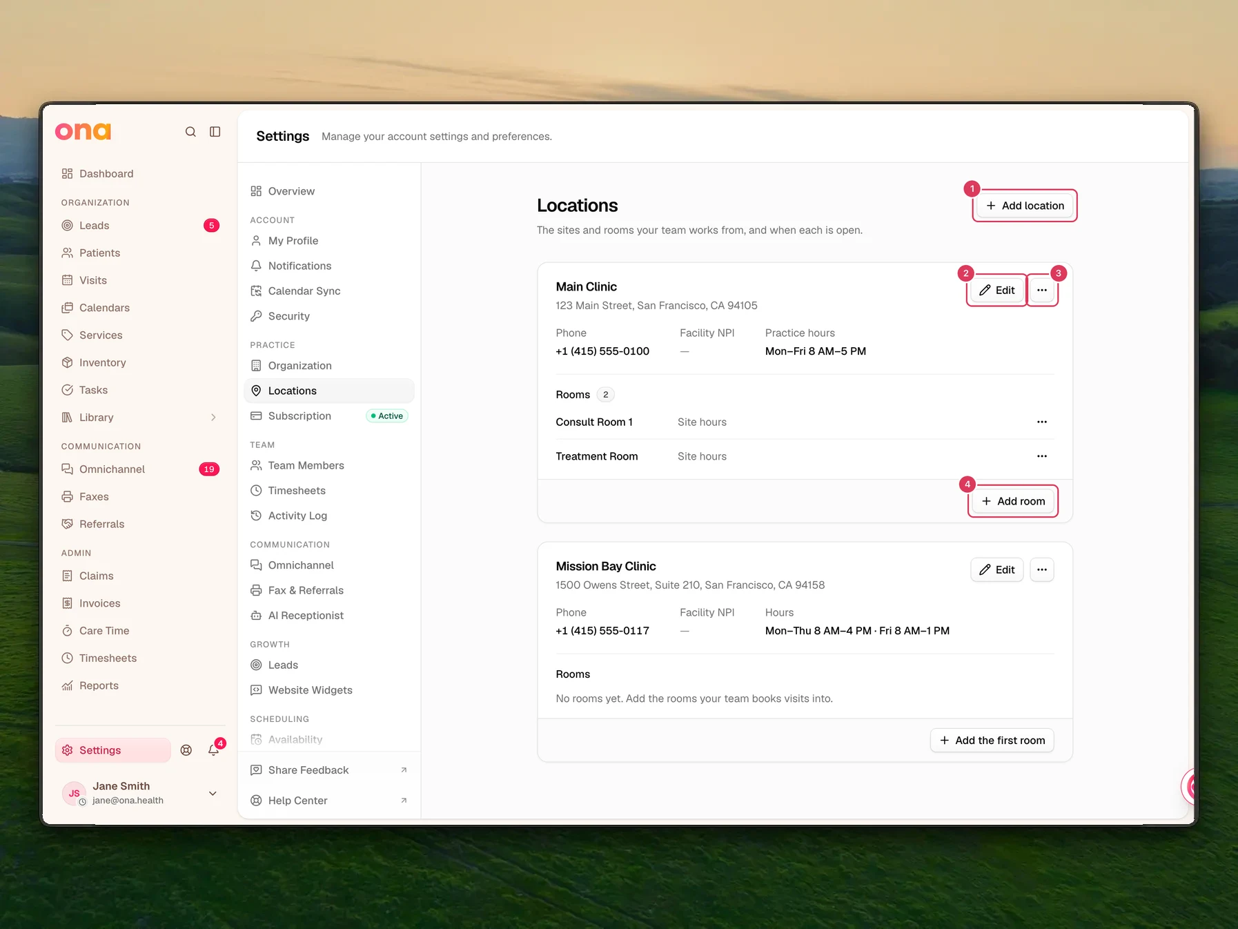 The Locations settings page is open with site cards in the main panel, and the Add location, Edit, site menu, and Add room controls visible on the first site.