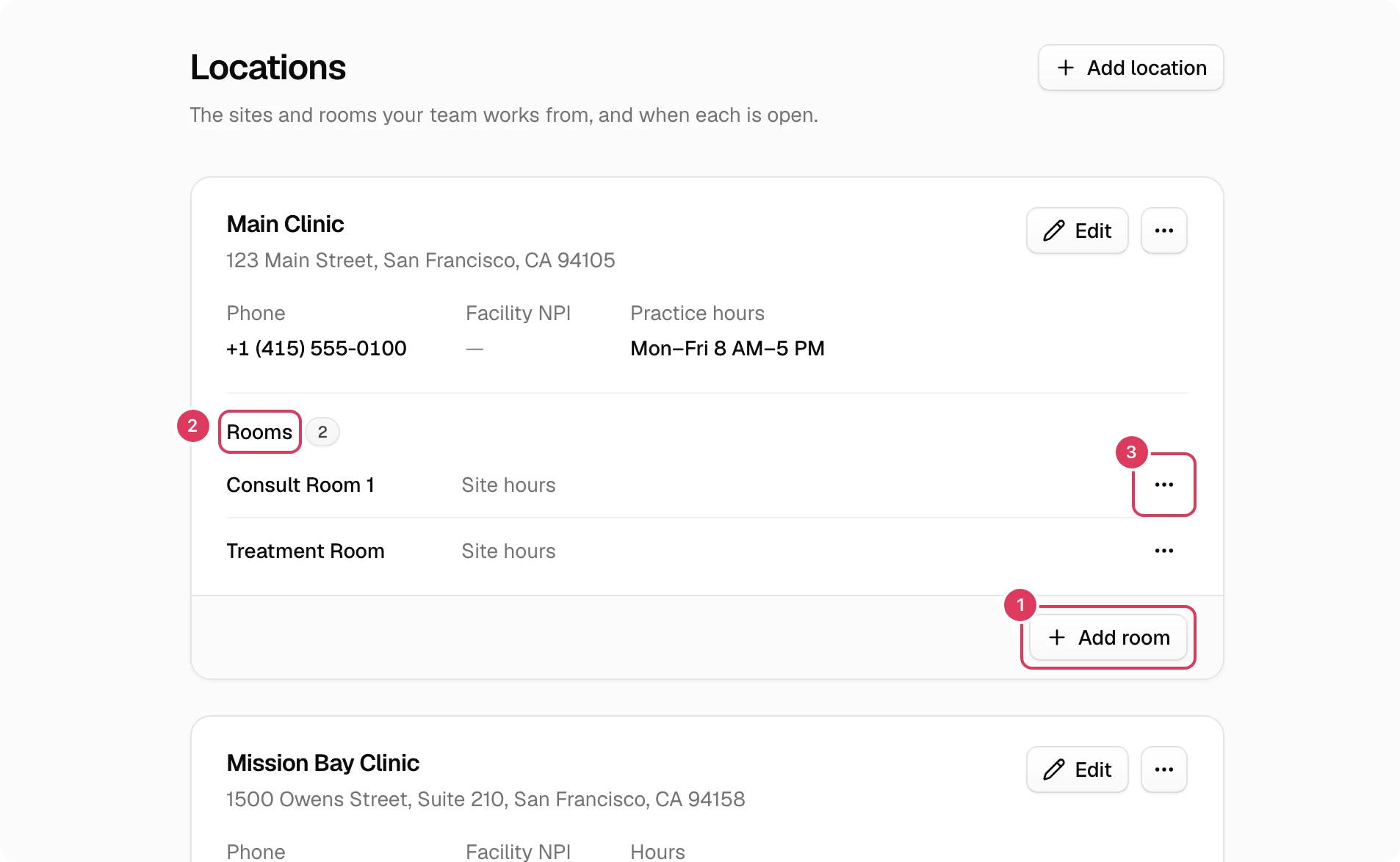 The Locations page shows the Main Clinic site card with its Rooms section, the Add room button, and the room actions for Consult Room 1.
