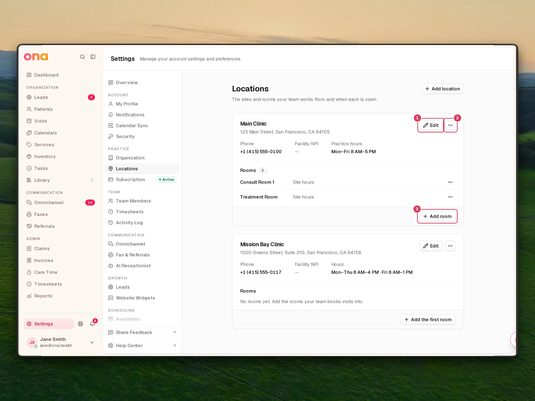 The Settings > Locations page is open, showing the Main Clinic site card with Edit and More for Main Clinic actions, plus Add room, and a second location card for Mission Bay Clinic below.