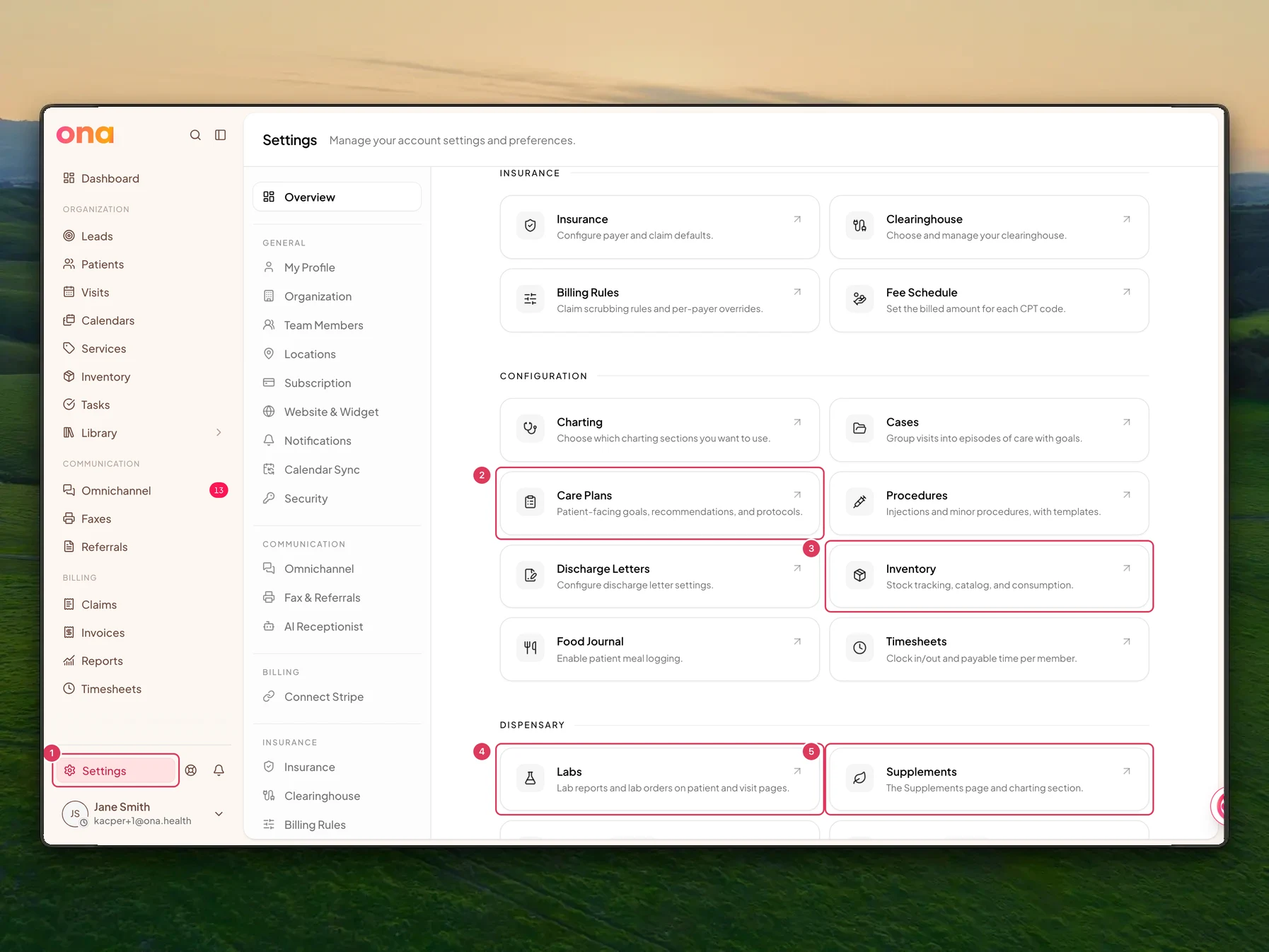 The Settings overview is open with the left app sidebar visible and the main settings overview cards for Care Plans, Inventory, Labs, and Supplements highlighted.