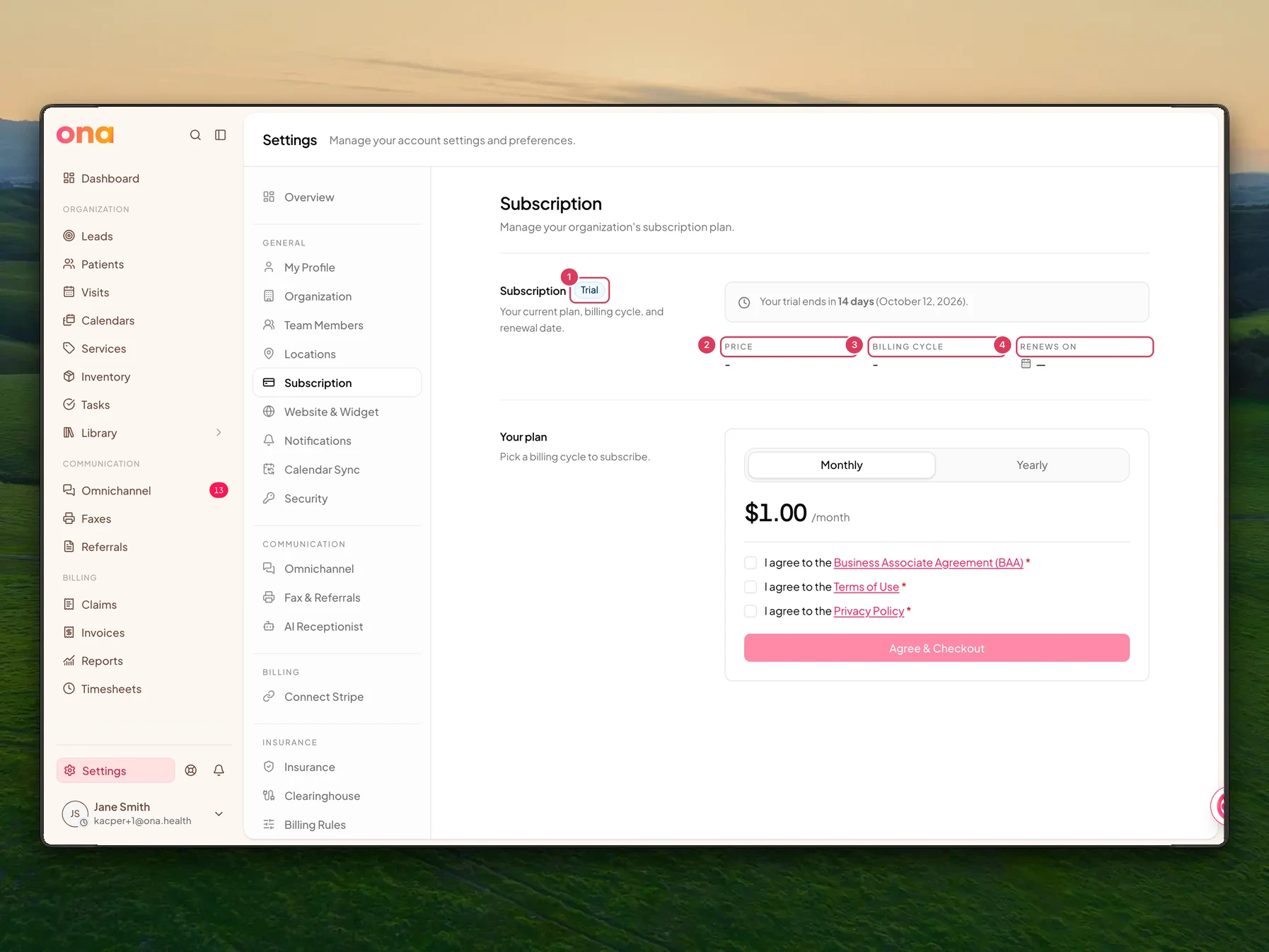 The Subscription settings page shows the current subscription card with the status, price, billing cycle, and renewal or end date fields.