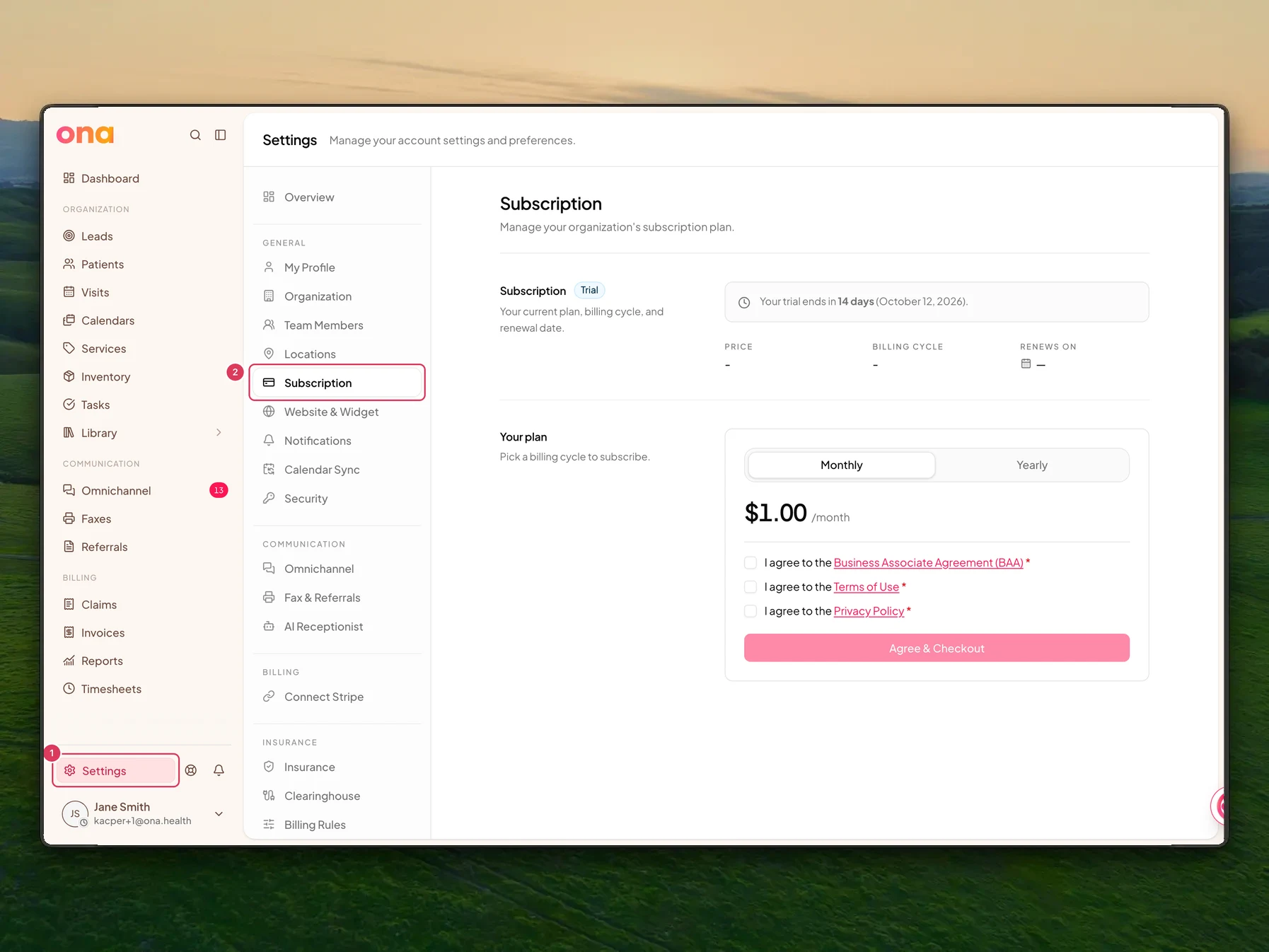 The Subscription settings page is open with Settings highlighted in the main sidebar and Subscription highlighted in the settings menu.