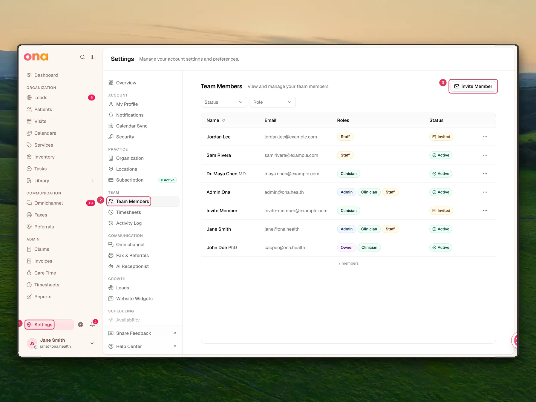 The Settings page is open with the Settings link in the left sidebar, Team Members selected in the settings menu, and the Team Members table with the Invite Member button visible in the main panel.