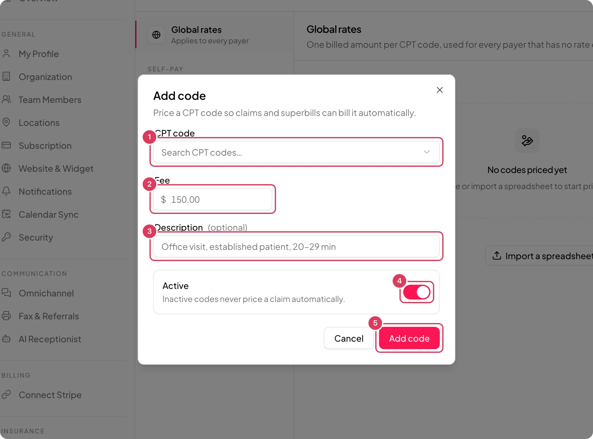 The Add code dialog is open with fields for CPT code, fee, optional description, an Active switch, and the Add code button.