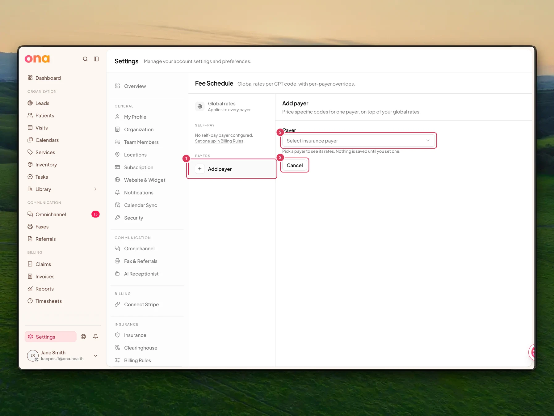 The Add payer panel is open from the Fee Schedule page, showing a payer picker and a note that nothing is saved until a rate is set.