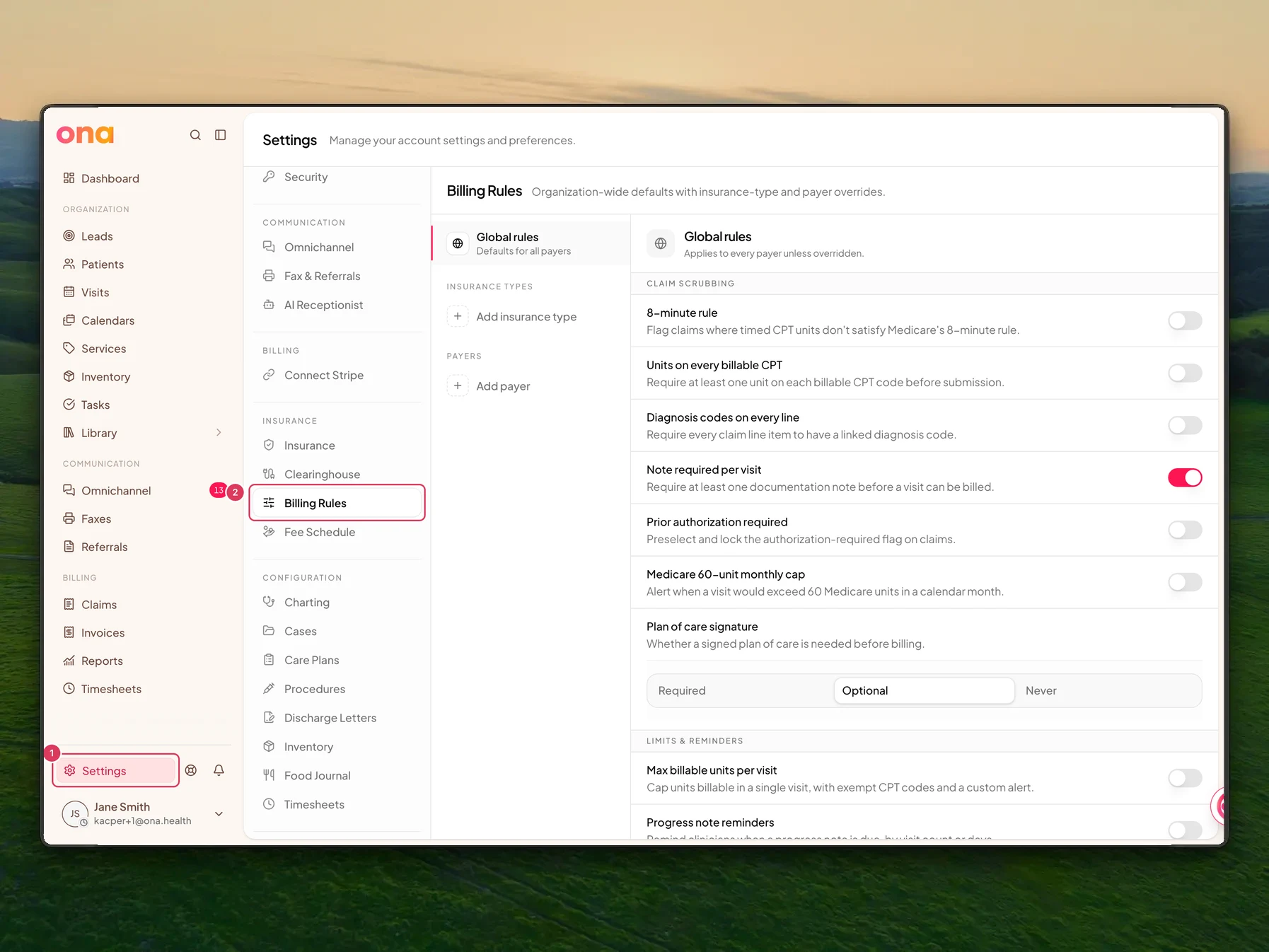 The Billing Rules settings page is open with Settings highlighted in the left sidebar and Billing Rules highlighted in the settings menu.
