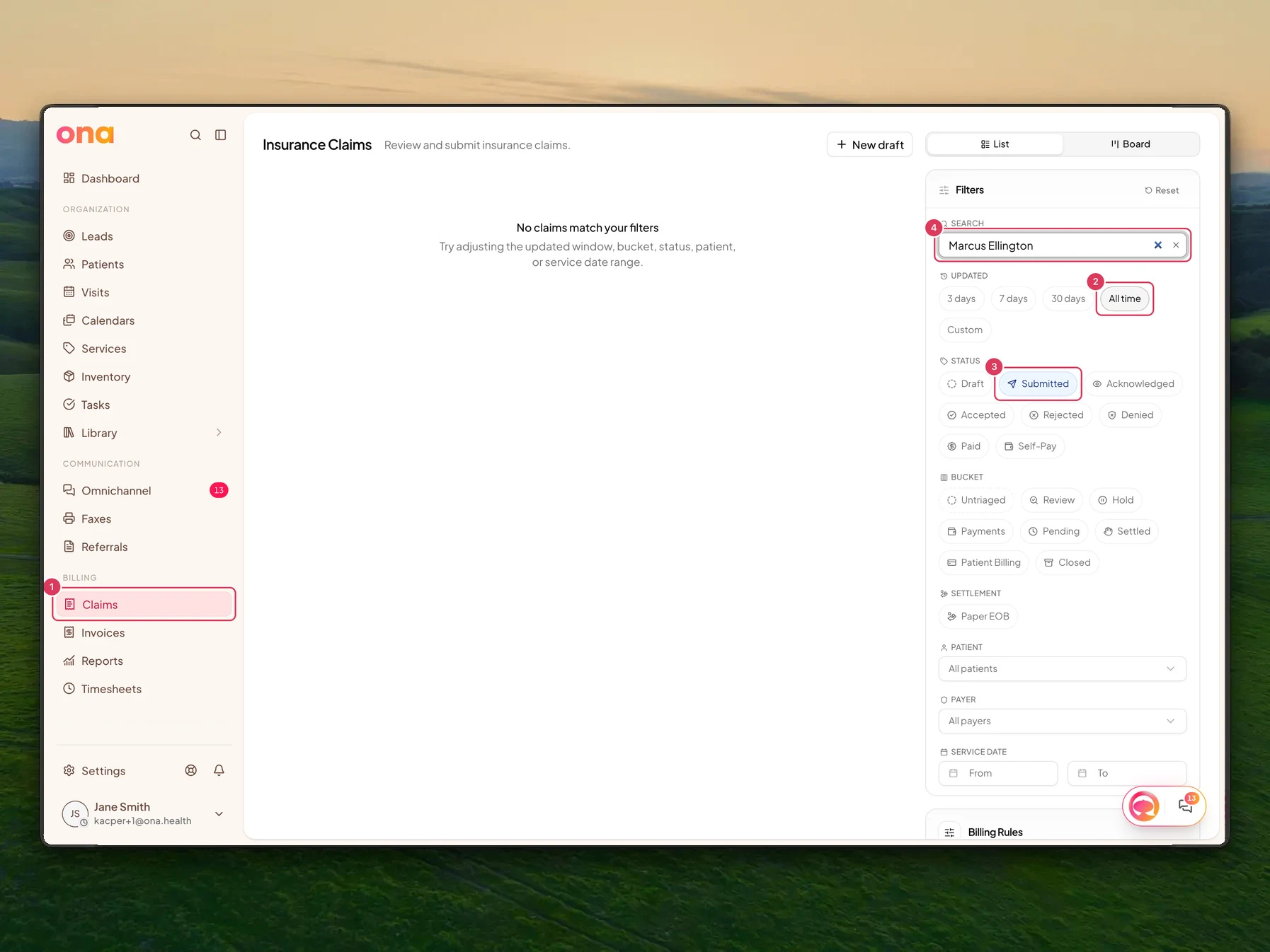 The claim details panel shows claim information, payment summary, service lines and claim actions.