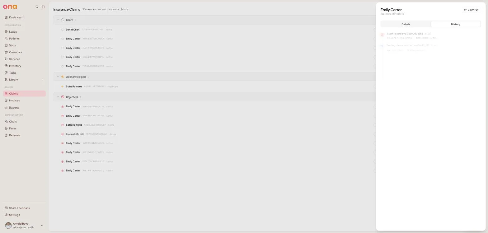 The claim history tab shows a timeline of claim events, including submissions, payer responses and payment activity.