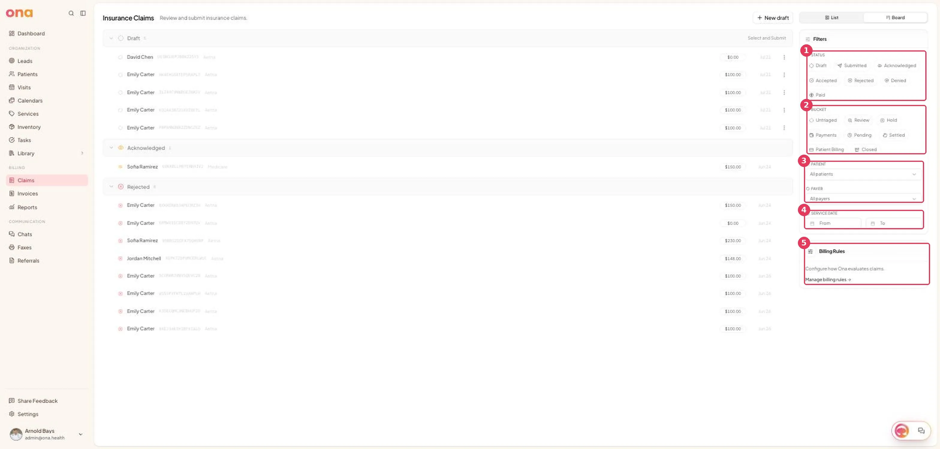 The claims filters panel shows options for narrowing the claims queue, including bucket filters.