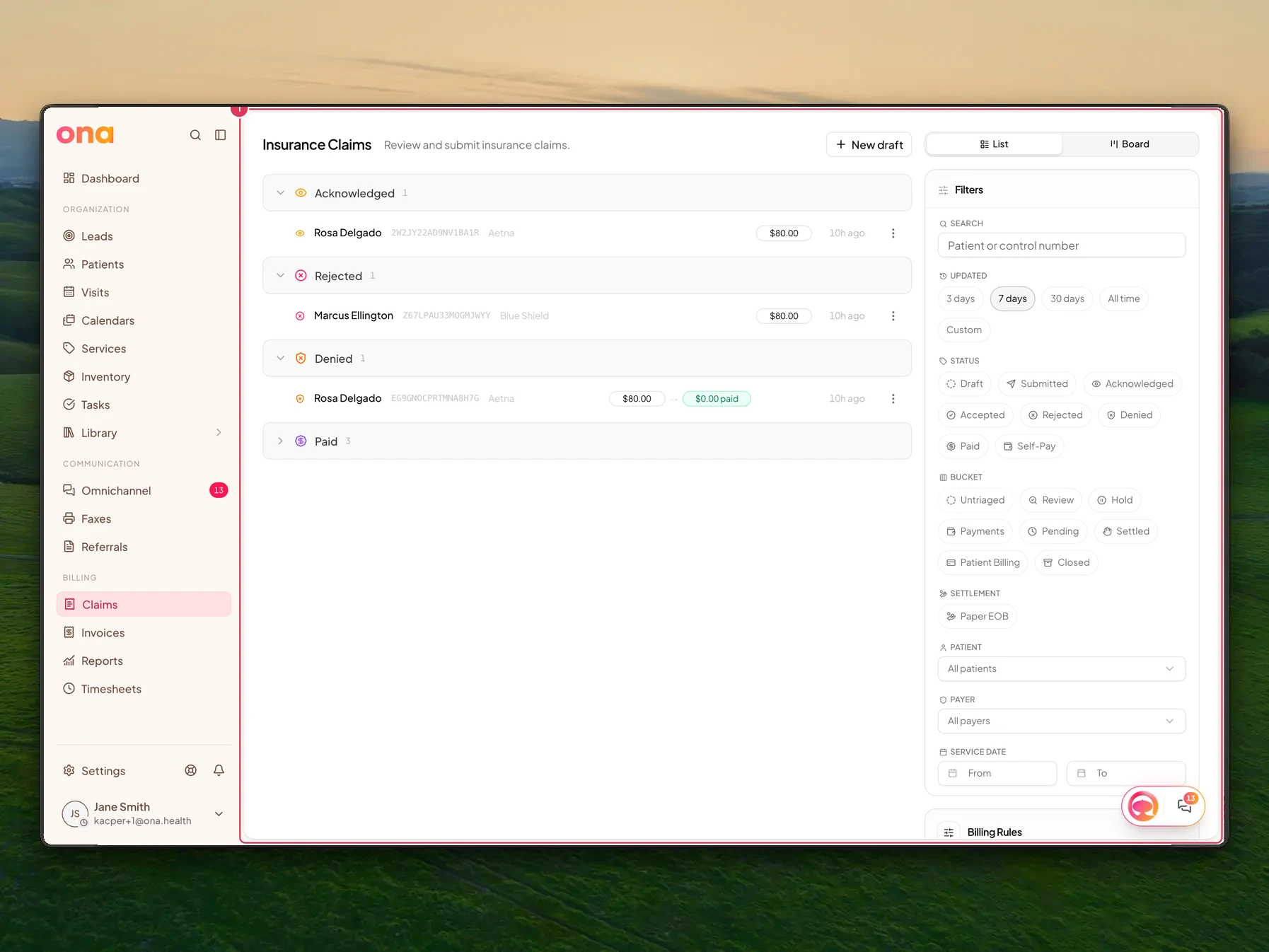 The Claims page is open, showing the claims queue where billing staff track claims through their lifecycle.