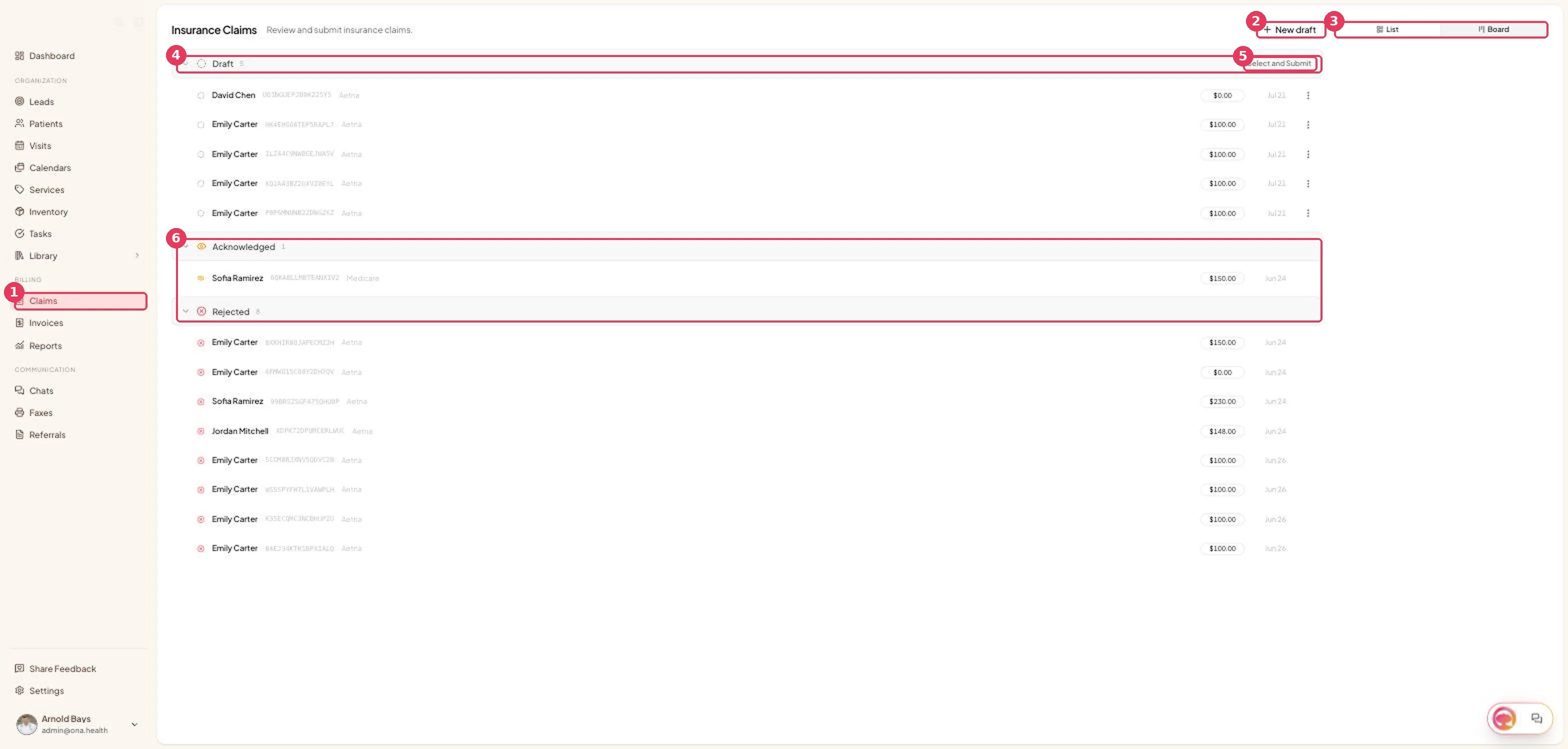 The Claims page shows a grouped list of insurance claims with status sections and claim rows.
