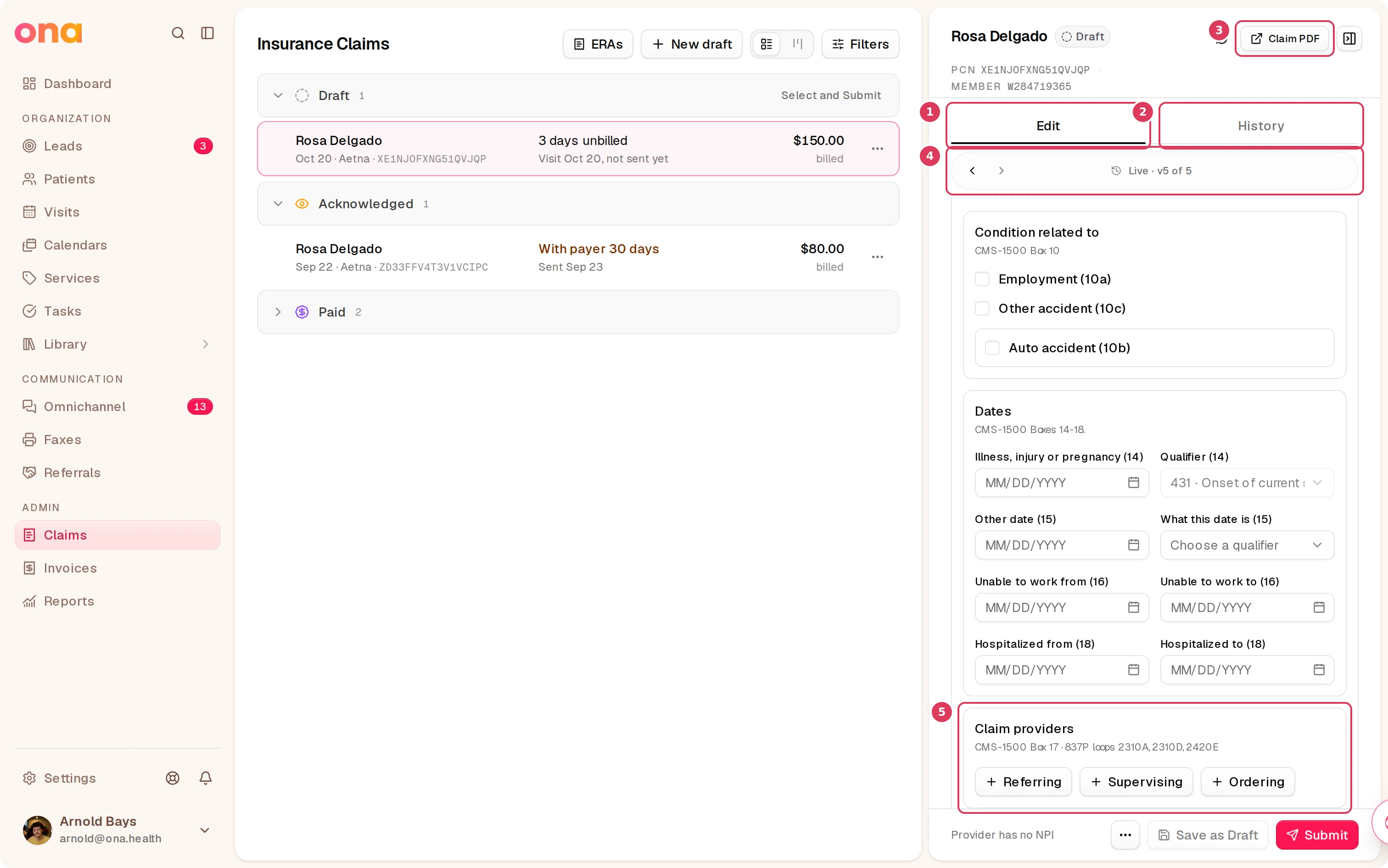 An open claim detail panel for Rosa Delgado is shown with the Edit and History tabs, Claim PDF and version controls at the top, and the More claim details section expanded to Claim providers and related claim fields.
