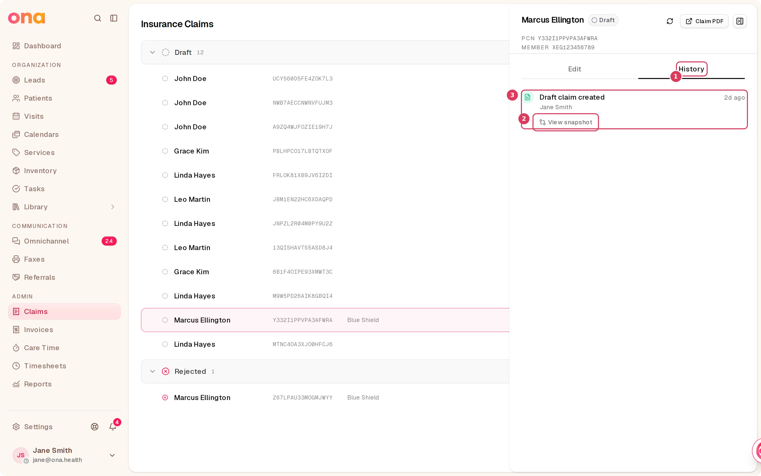 The Marcus Ellington claim is open on the History tab, showing a timeline entry with a View snapshot button.