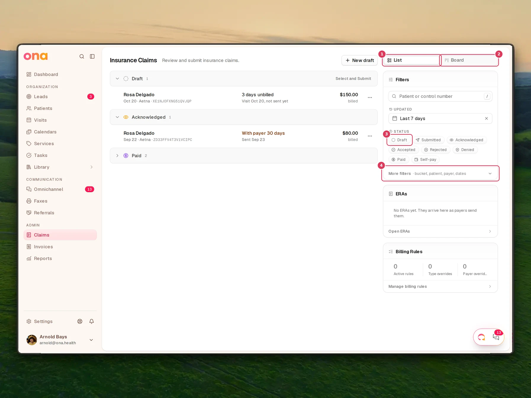 The Insurance Claims page is open on the queue, with the List and Board view radios, the status filter chips, and the More filters control above the claim list.