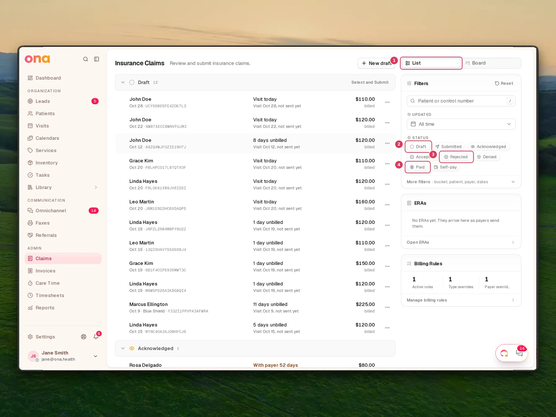 The Insurance Claims page is open in List view, with the status filter buttons for Draft, Rejected, and Paid visible in the filter bar.