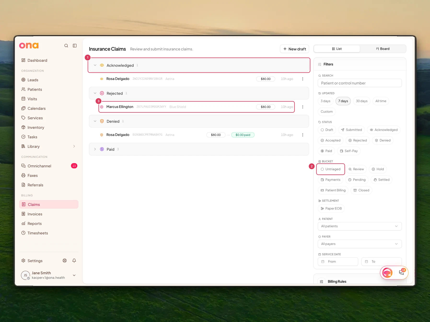The claims list shows grouped claim statuses and buckets on each row, with patient, payer, amount, and activity information visible.