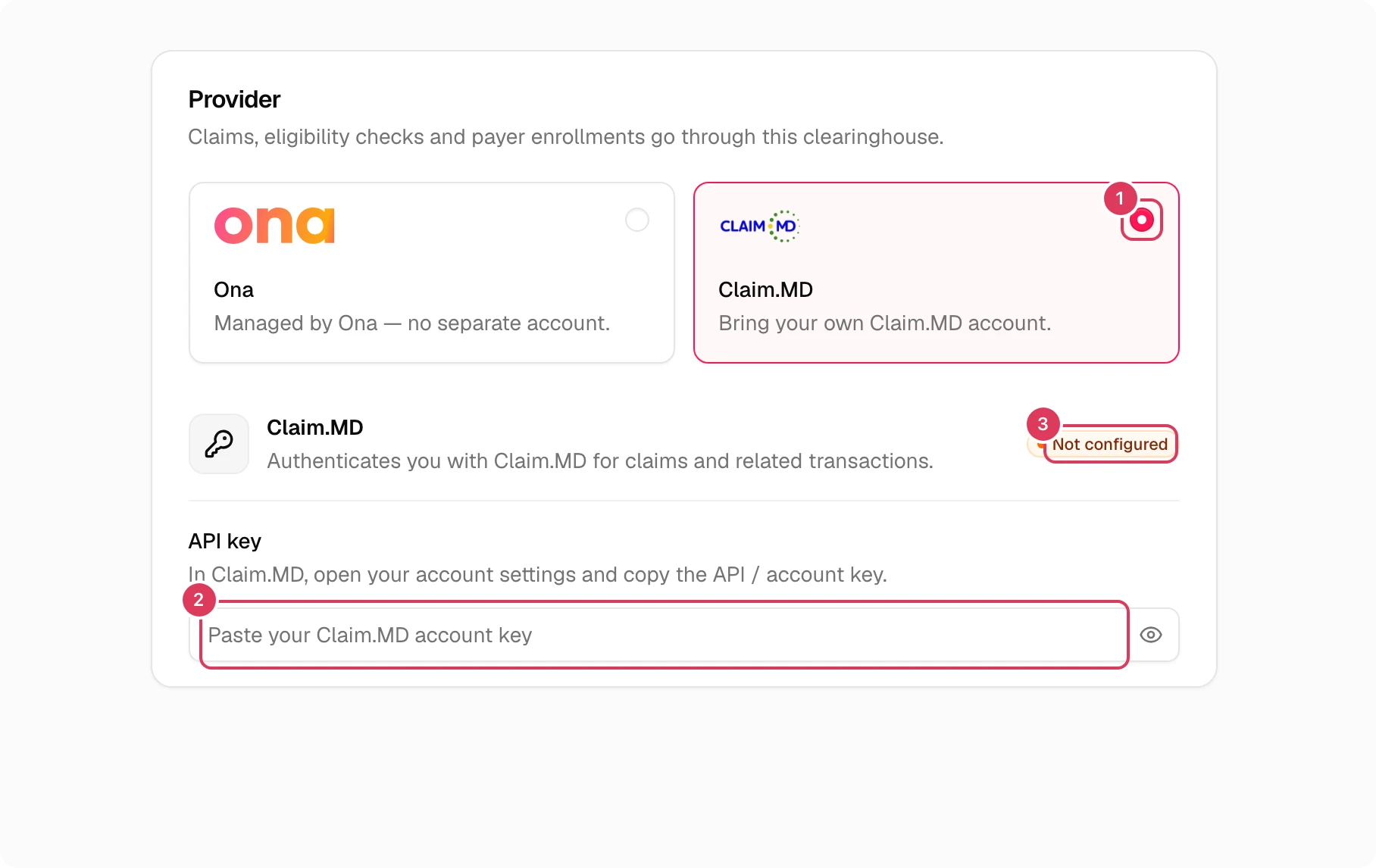 The Claim.MD clearinghouse card is selected, and the Claim.MD API key section shows an API key field with a Not configured status.