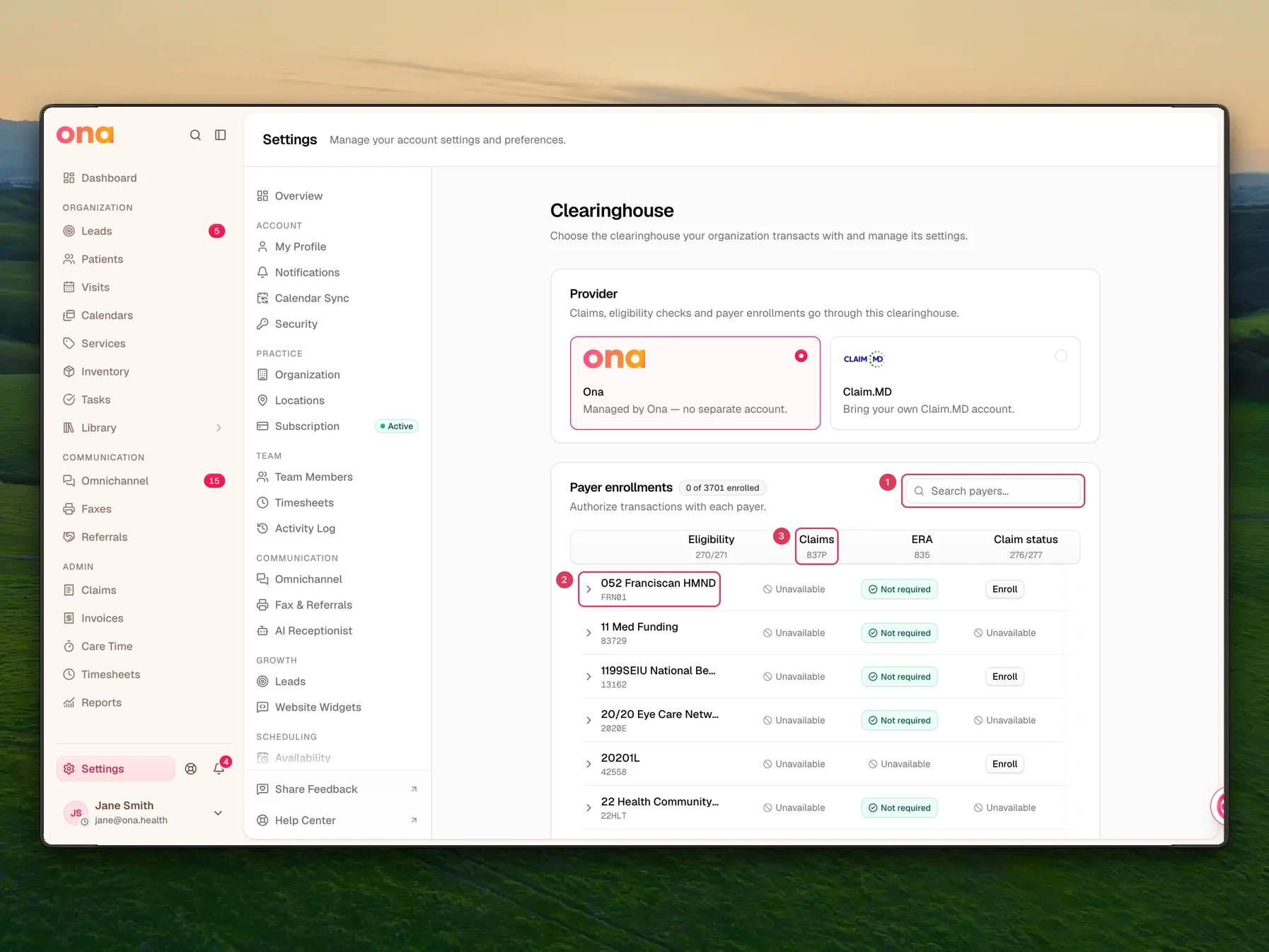 The payer enrollments table is visible under the selected clearinghouse, with a search box, payer rows, and enrollment columns for different transaction types.