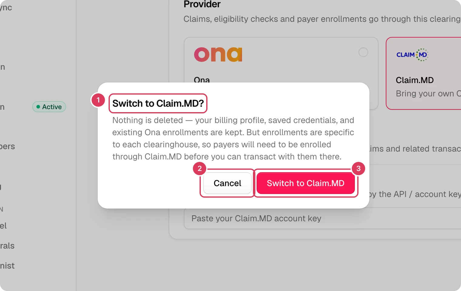 A switch-clearinghouse confirmation dialog is open, with the heading "Switch to Claim.MD?", a Cancel button, and a "Switch to Claim.MD" confirmation button.