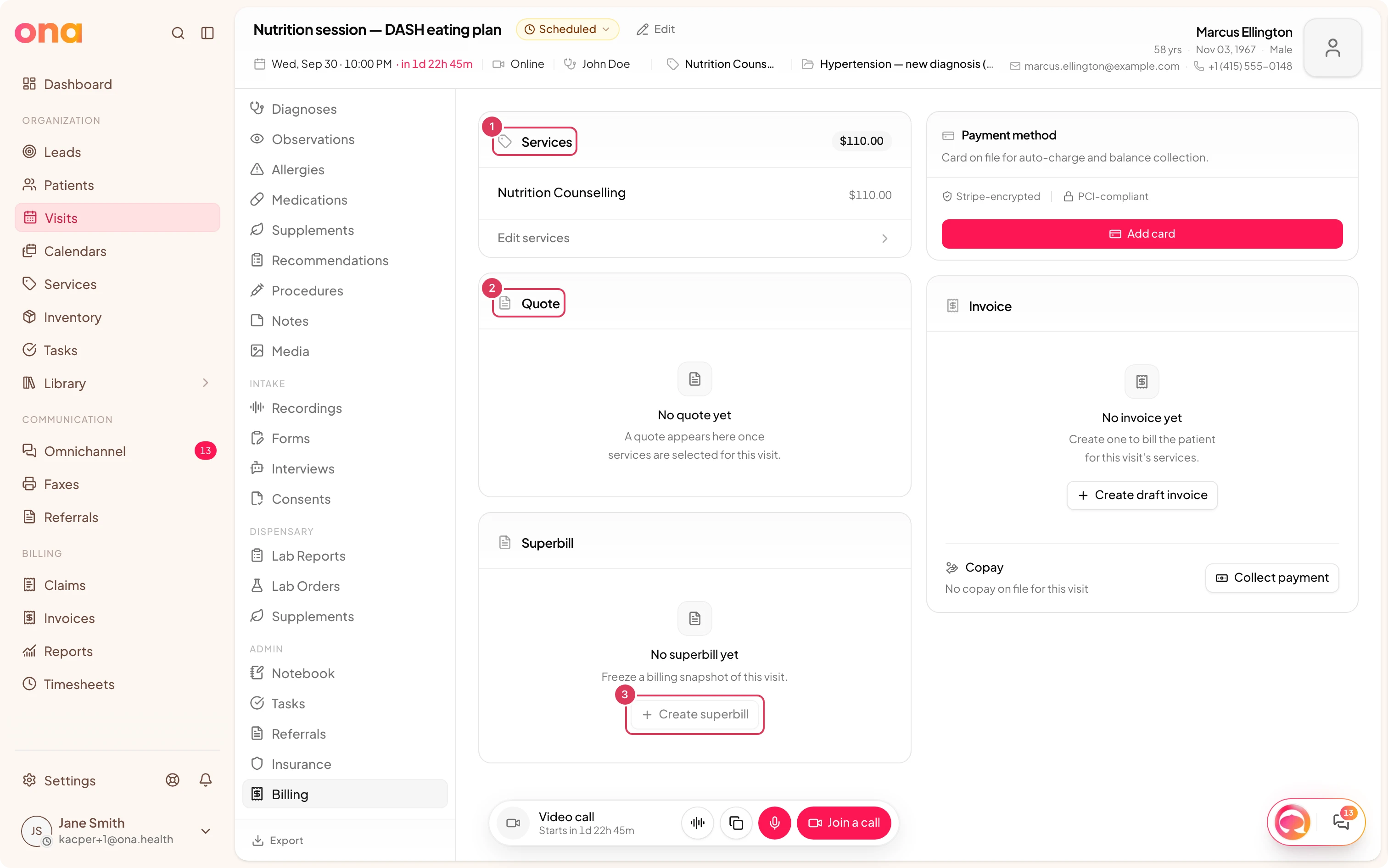 The Billing page for a visit shows Services, Quote, and the Superbill section with a disabled Create superbill button.