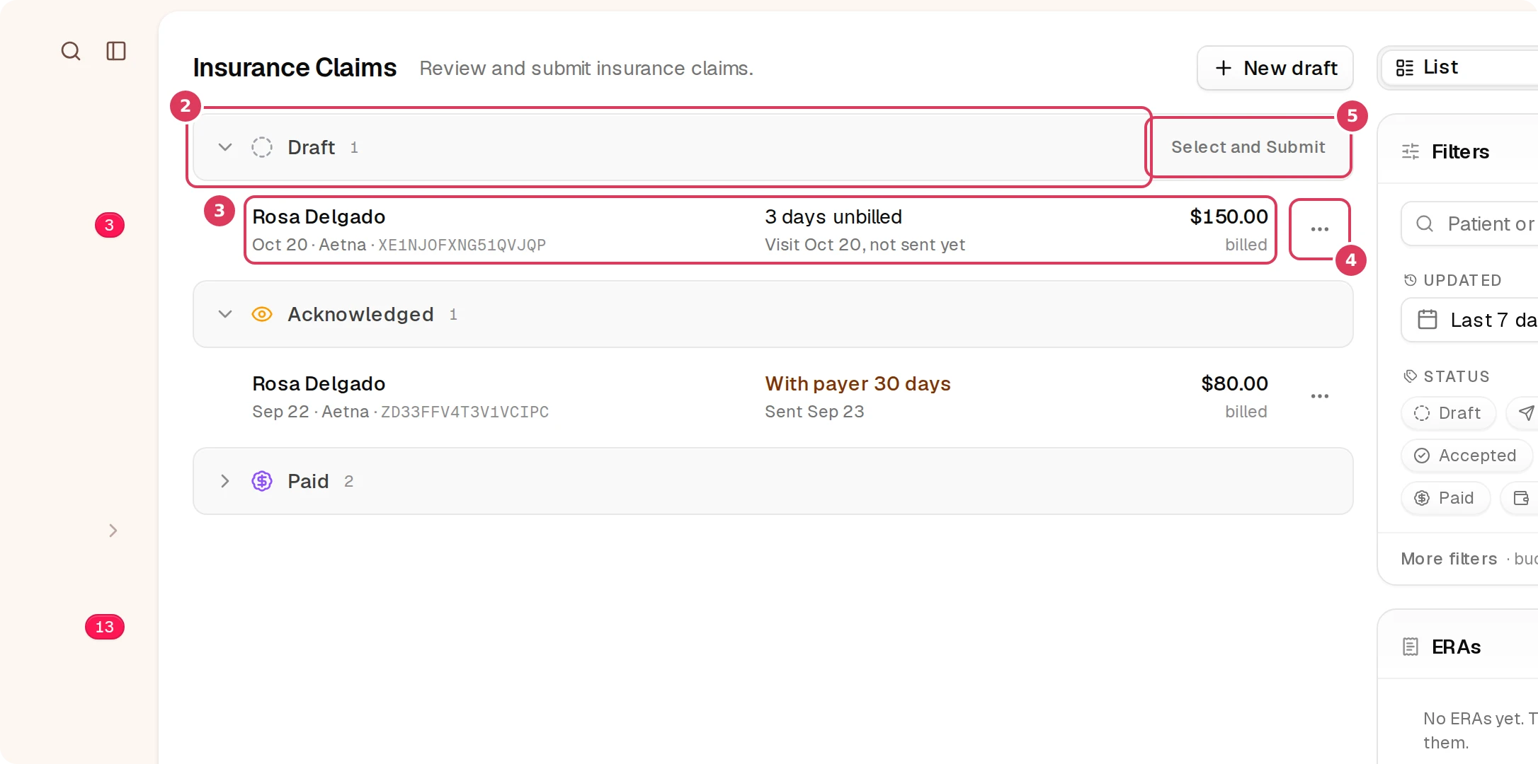 The Insurance Claims page shows the Draft queue expanded with one draft claim row, plus the Claim actions and Select and Submit controls.